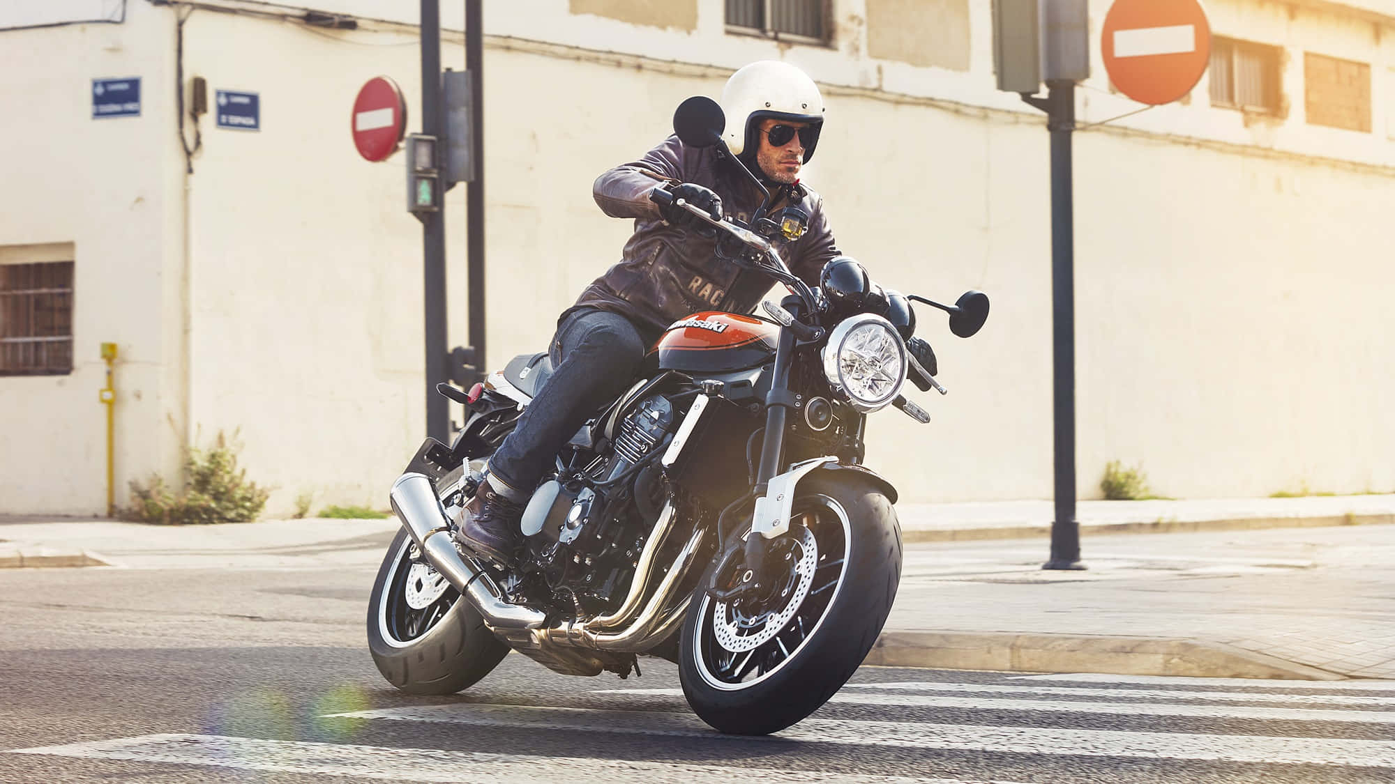 classic orange and black motorcycle, white helmet, leather jacket, Full HD Desktop Wallpaper