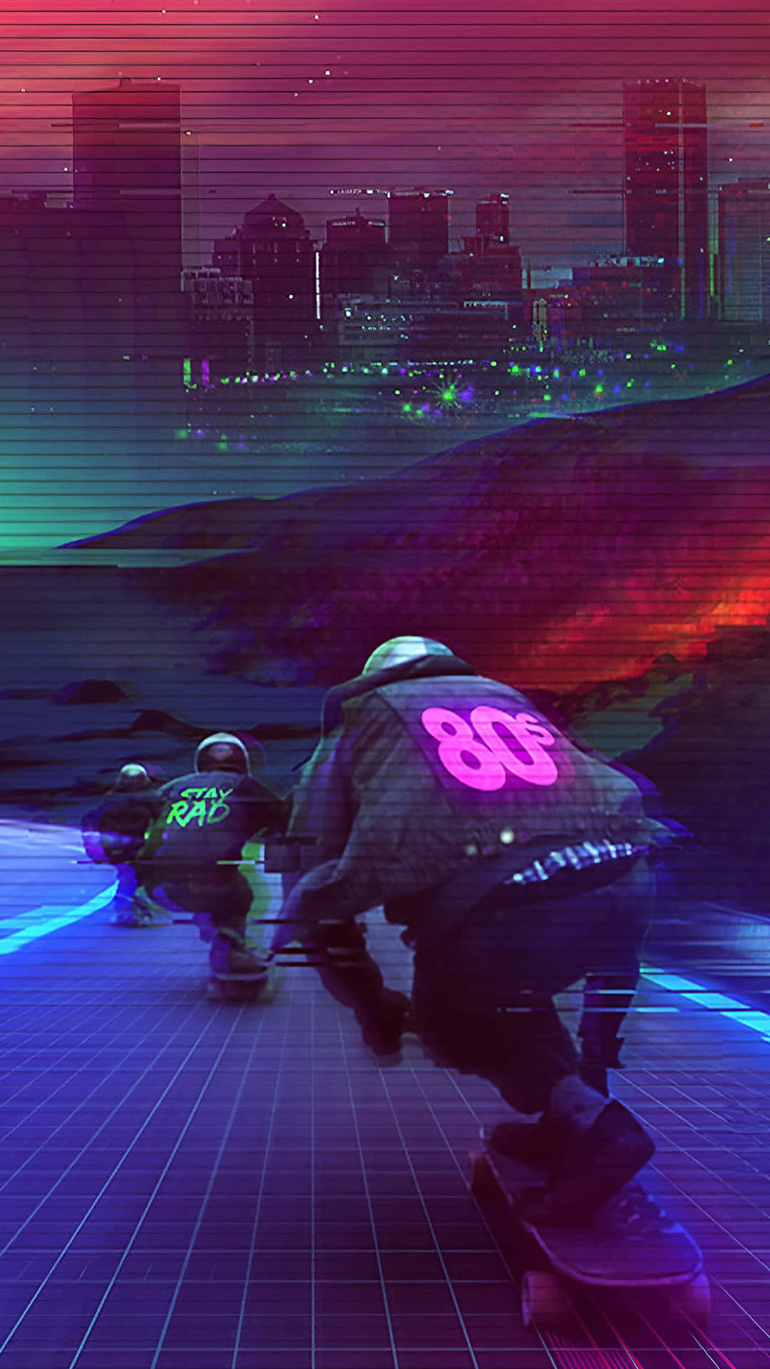 Old School Mobile, glowing grid, neon-drenched cyberpunk cityscape, Full HD Phone Wallpaper