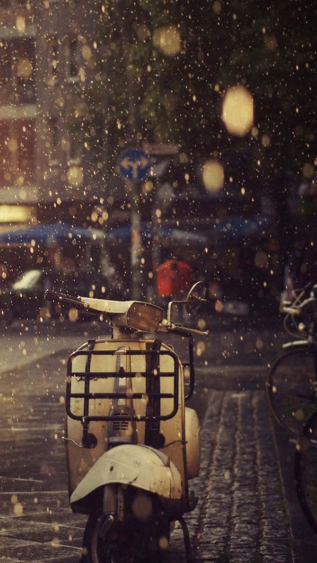 vintage scooter, wet cobblestone street, golden raindrops, Full HD Phone Wallpaper
