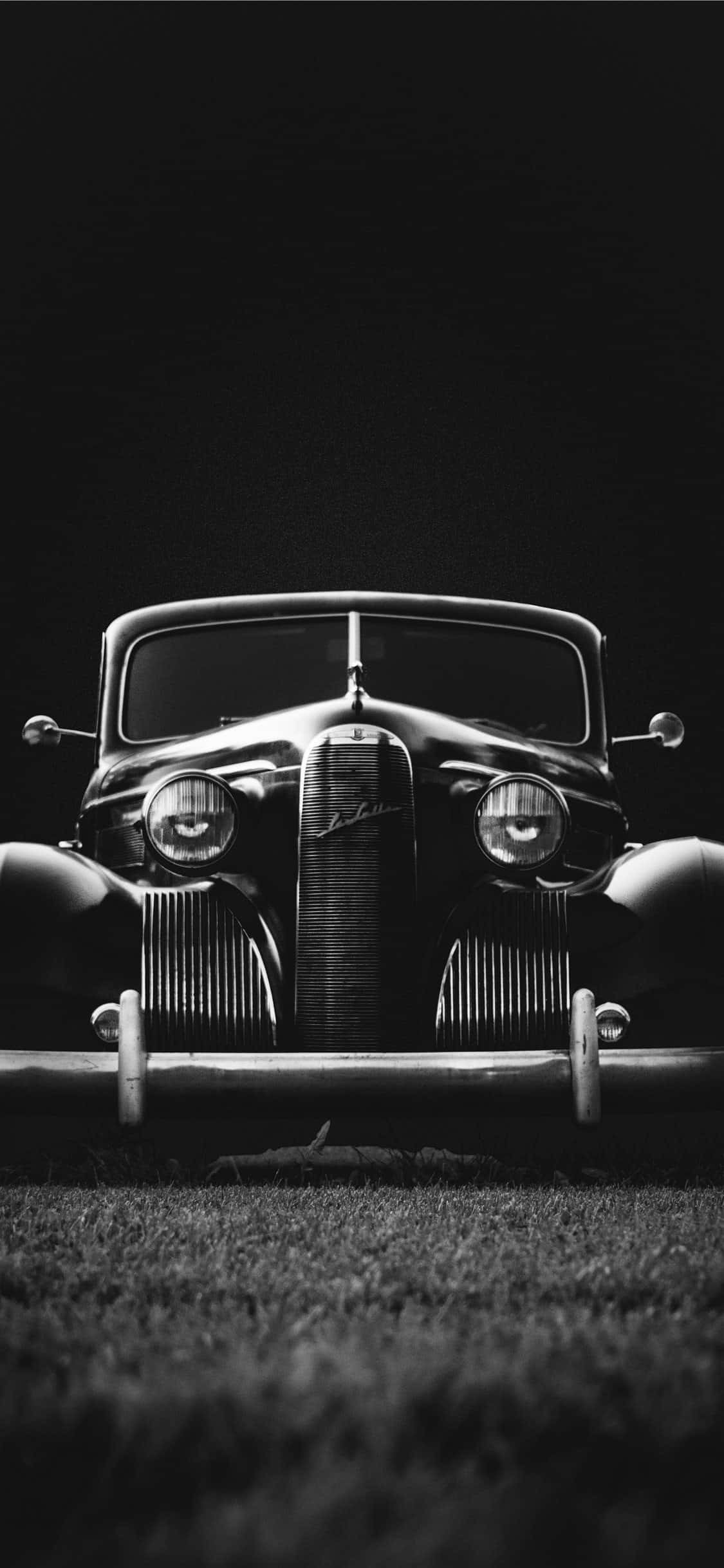 black and white photograph, vintage car, front grille, Full HD Phone Wallpaper