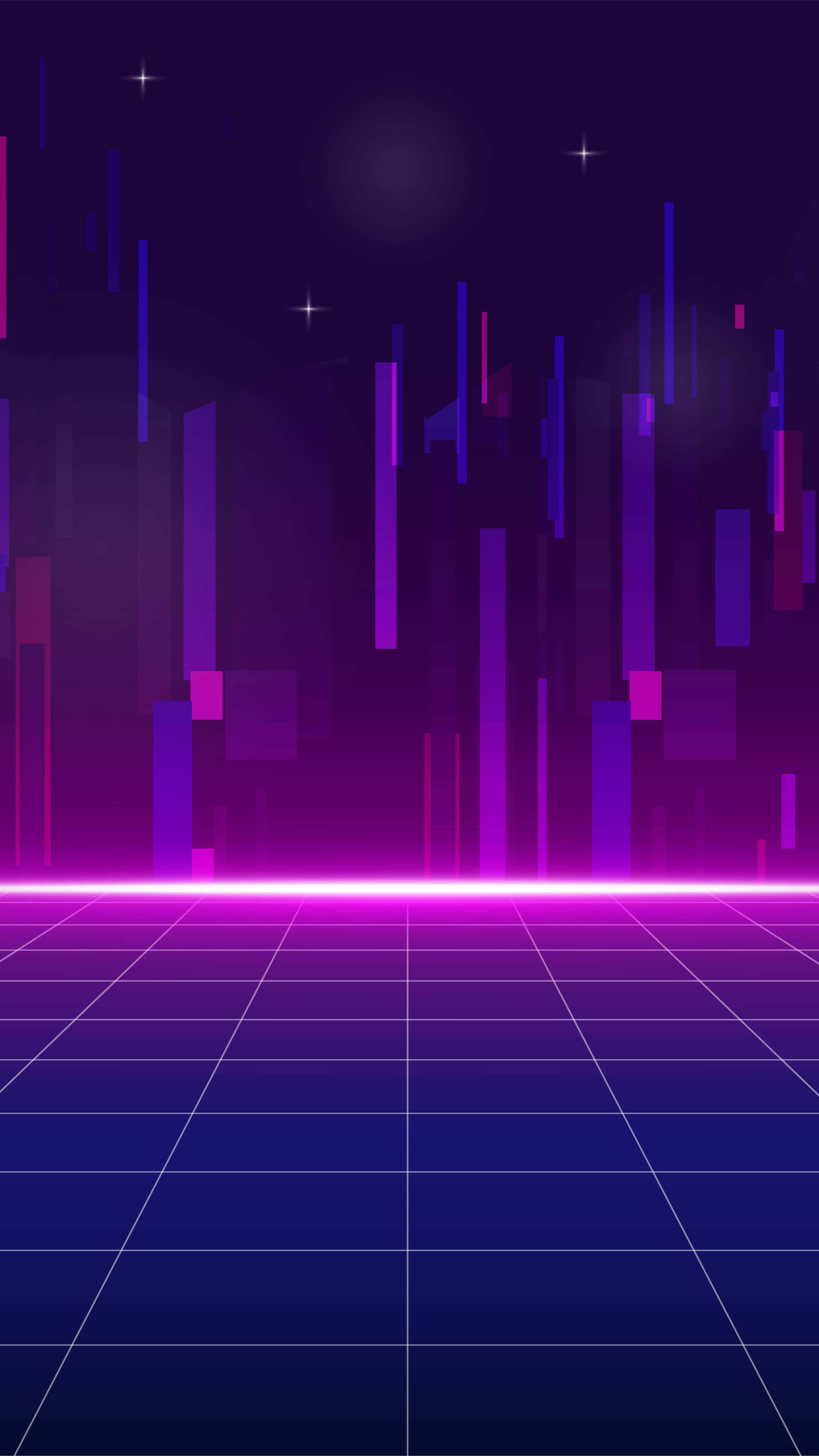 Retro Phone, neon-lit grid floor, glowing purple cityscape, 4K Phone Wallpaper