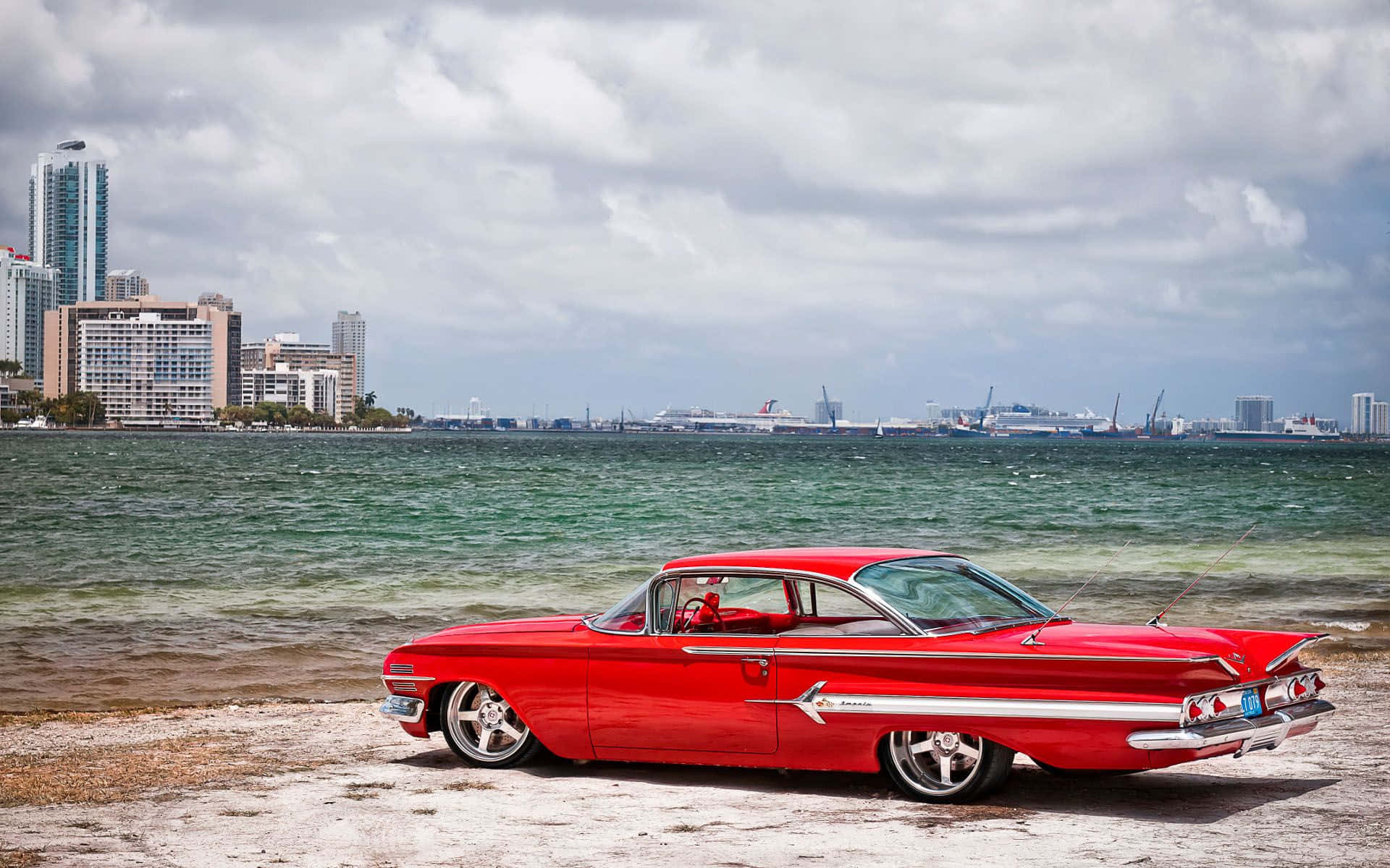 vibrant red, classic car, sandy beach, Full HD Desktop Wallpaper