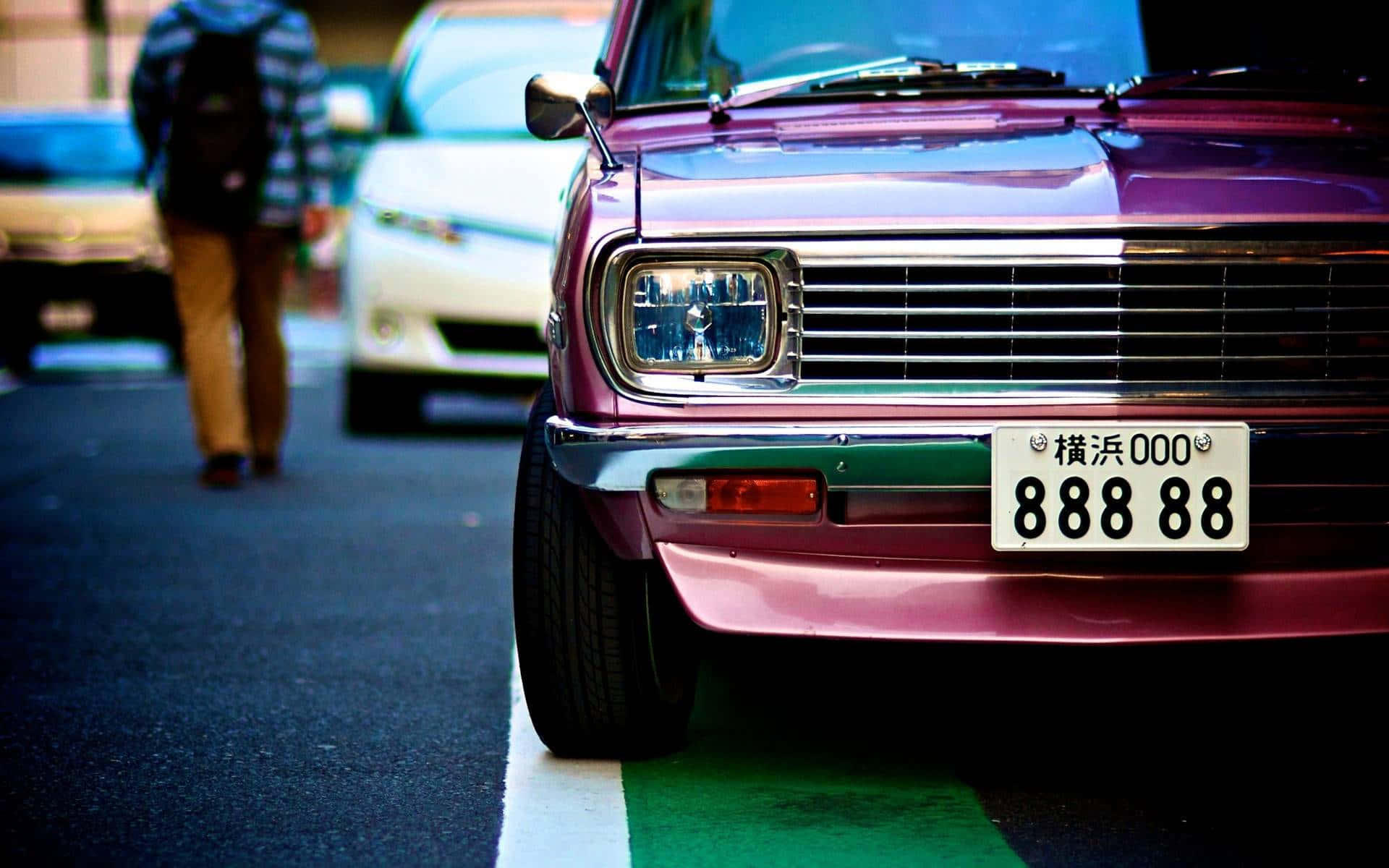 vintage car, vibrant purple, street, Full HD Desktop Wallpaper