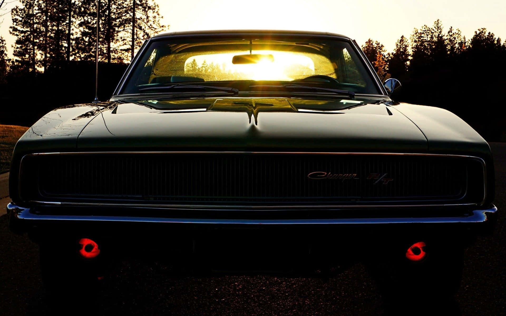 vintage green muscle car, golden sunset light, windshield, Full HD Desktop Wallpaper