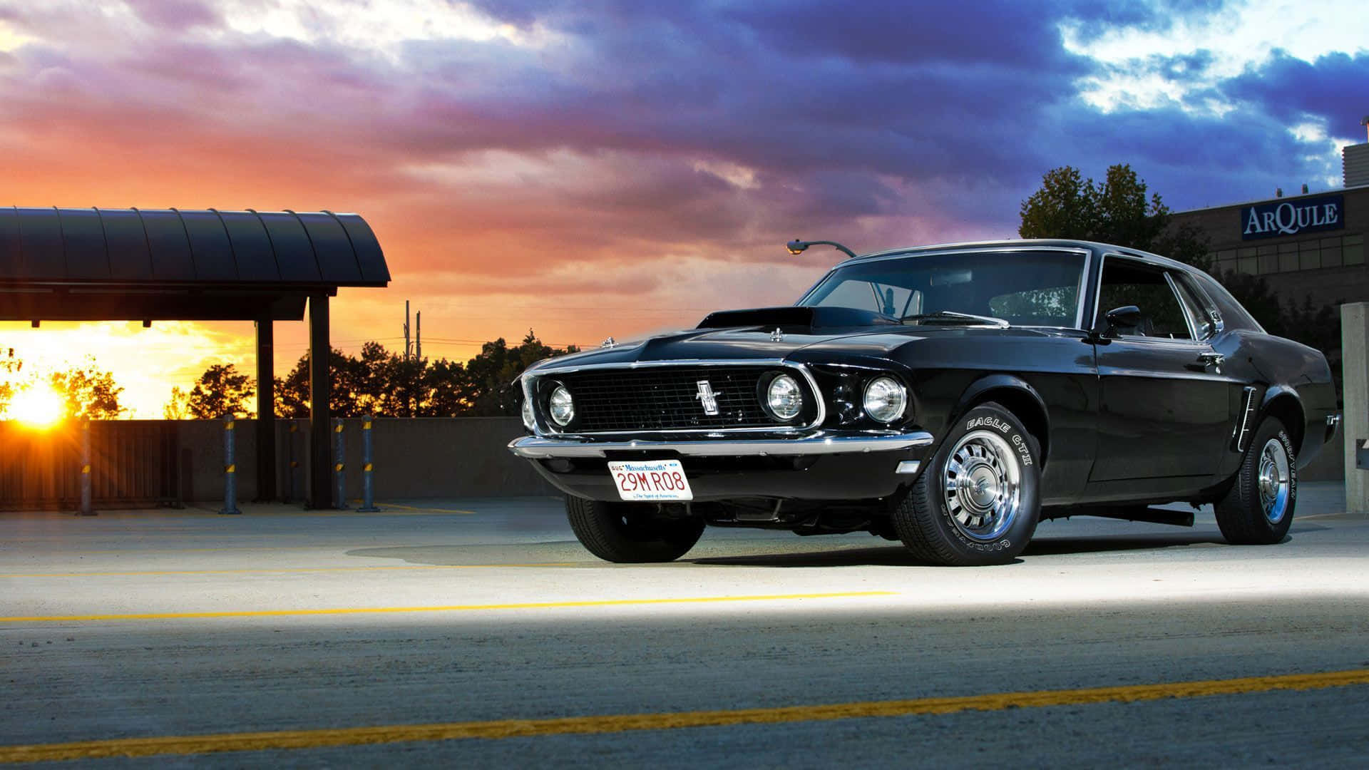 black mustang, classic Mustang, sunset, Full HD Desktop Wallpaper