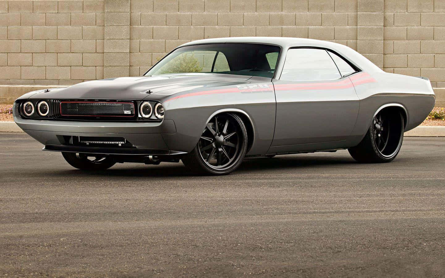 silver classic muscle car, red stripe, black rims, HD Desktop Wallpaper