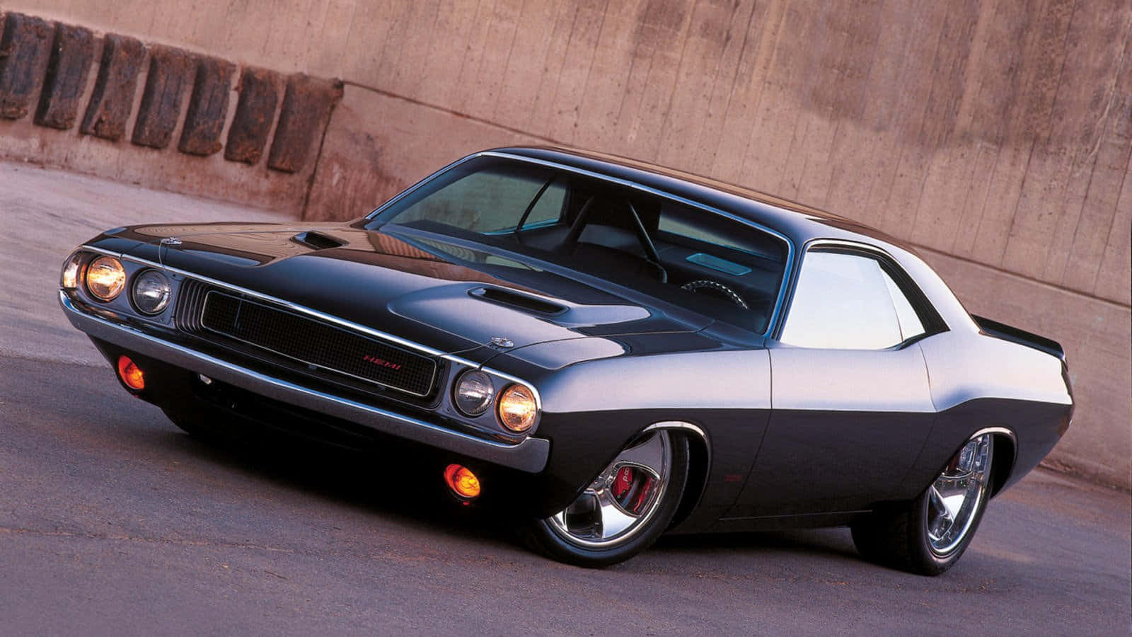 sleek black classic muscle car, chrome accents, glowing headlights, HD Desktop Wallpaper