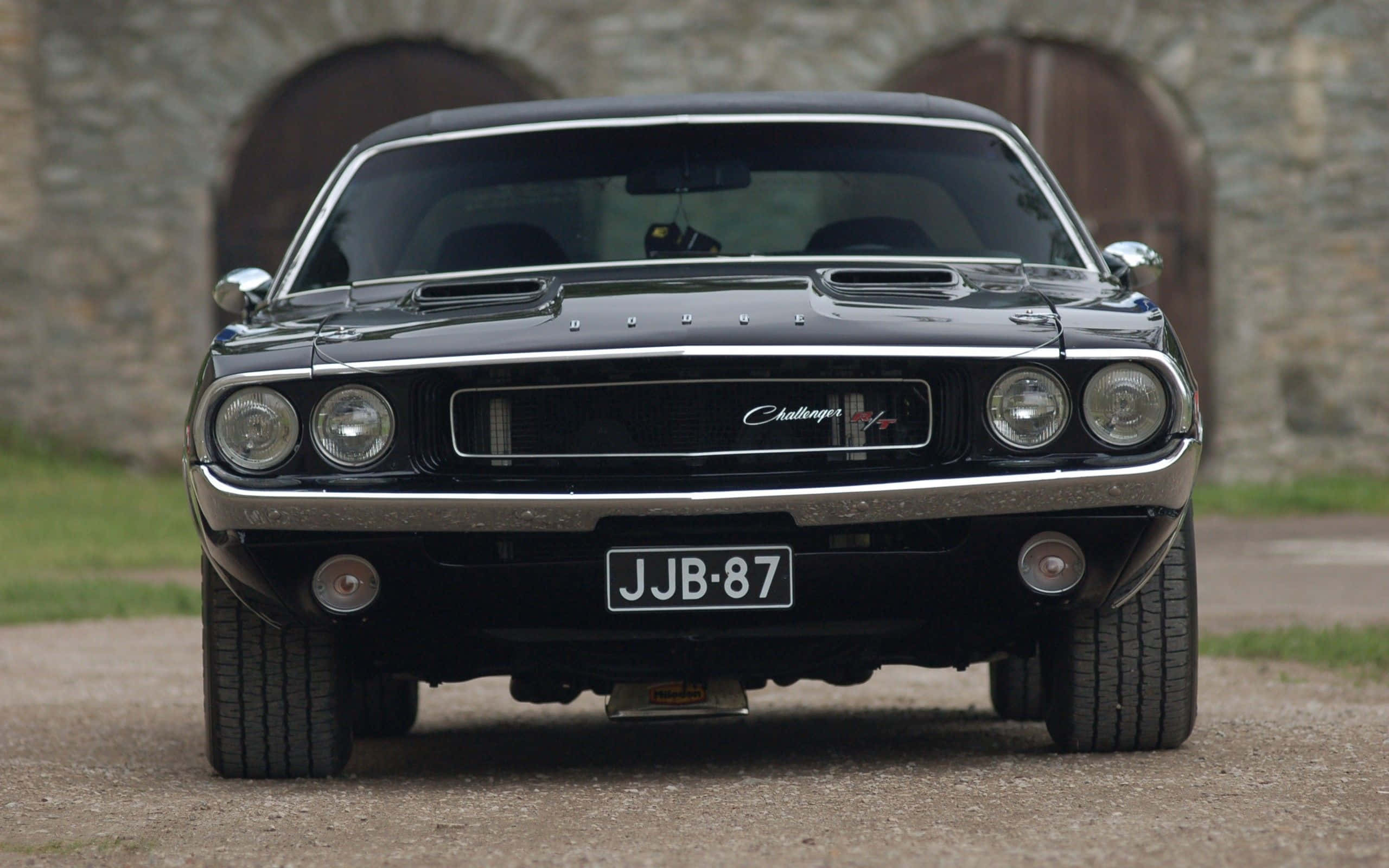 1970 Dodge Challenger RT, glossy black, gravel path, 2K Desktop Wallpaper