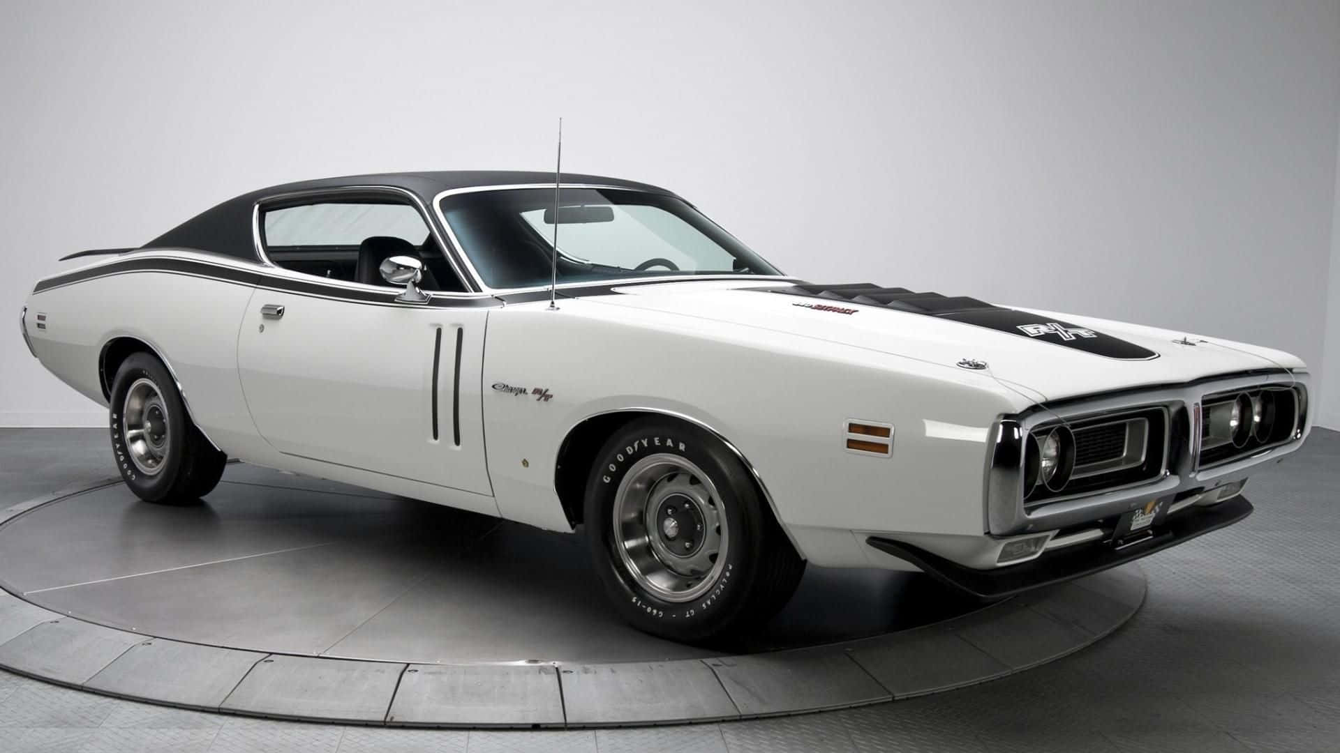 white Dodge Charger, 1970s muscle car, black hood stripes, Full HD Desktop Wallpaper