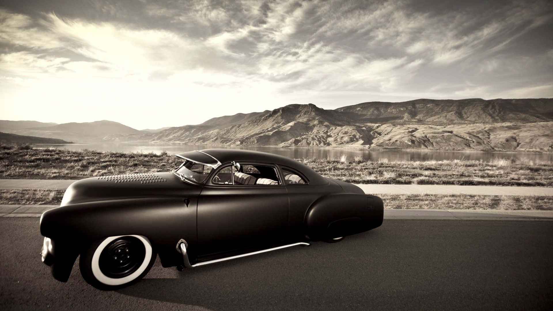 black, classic car, desert road, Full HD Desktop Wallpaper