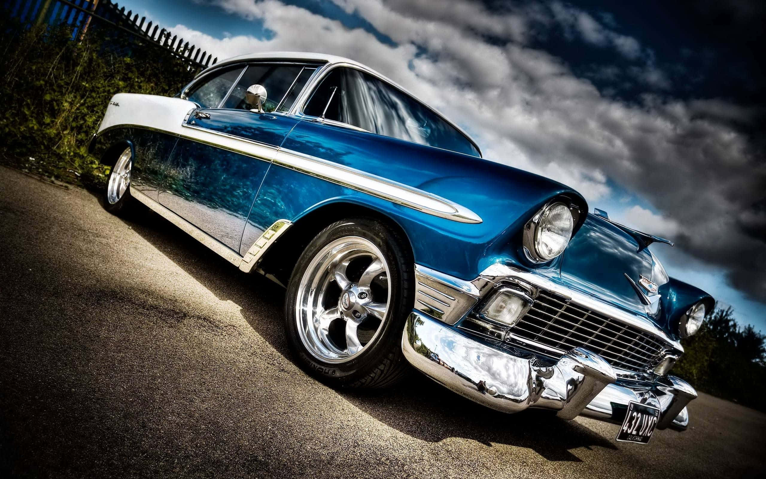 blue and white, classic car, chrome details, 2K Desktop Wallpaper