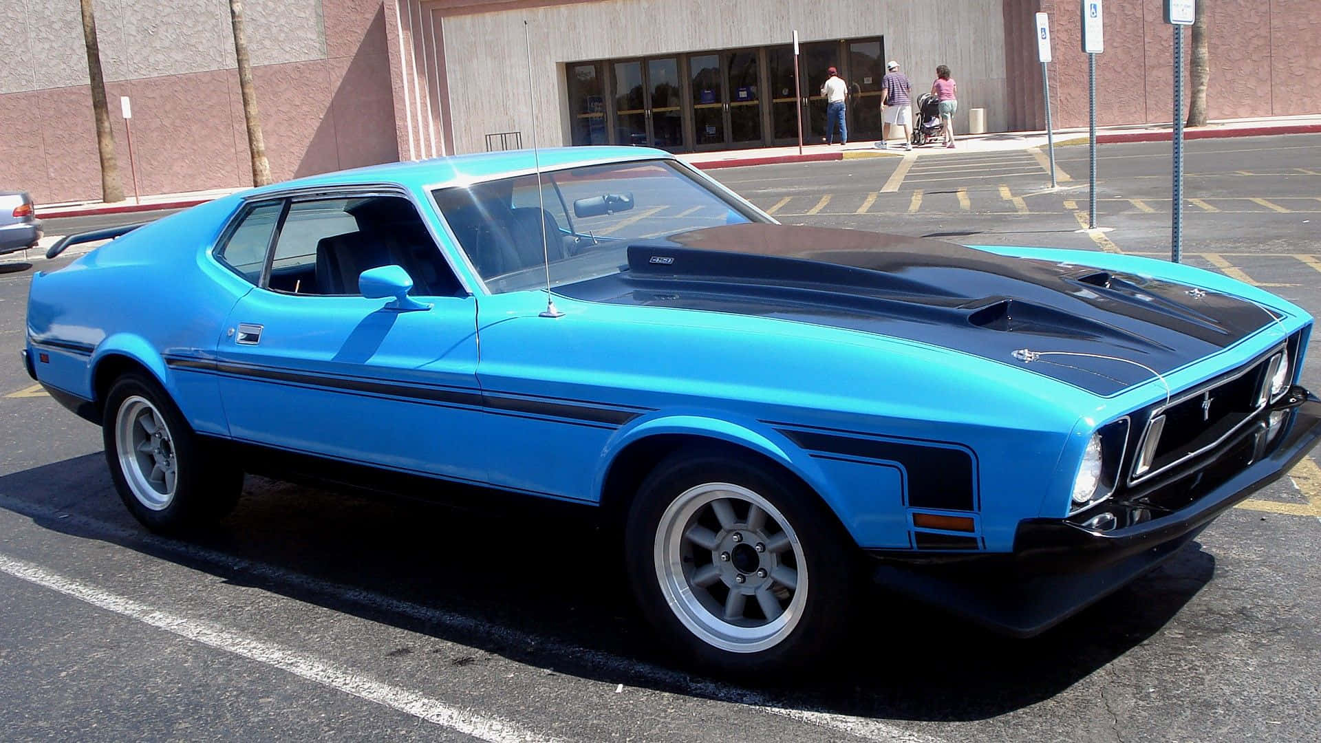 vibrant blue, classic muscle car, black hood, Full HD Desktop Wallpaper