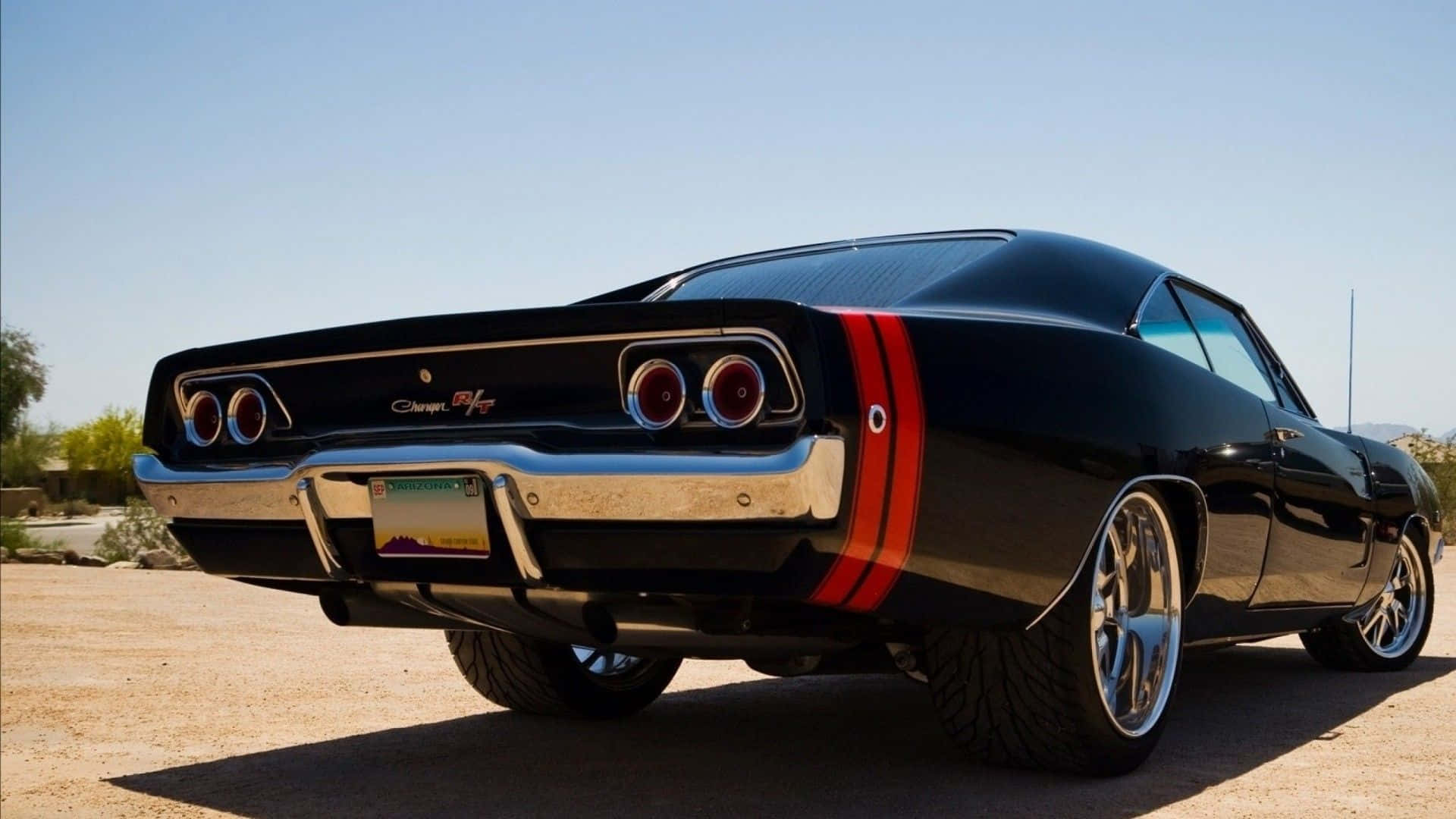 black, classic muscle car, red stripes, Full HD Desktop Wallpaper