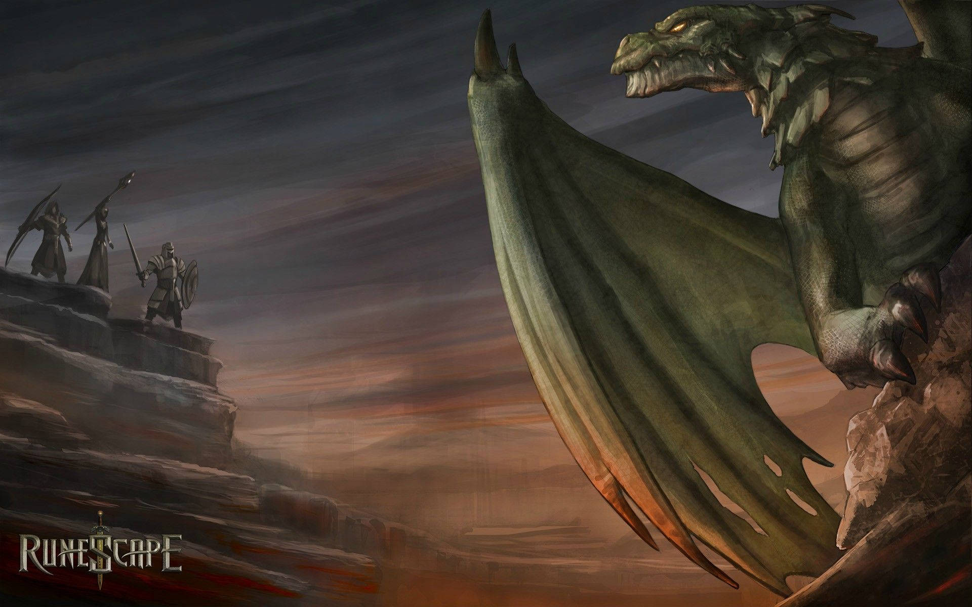 Old School Runescape, flying dragon, armored knights, Full HD Desktop Wallpaper