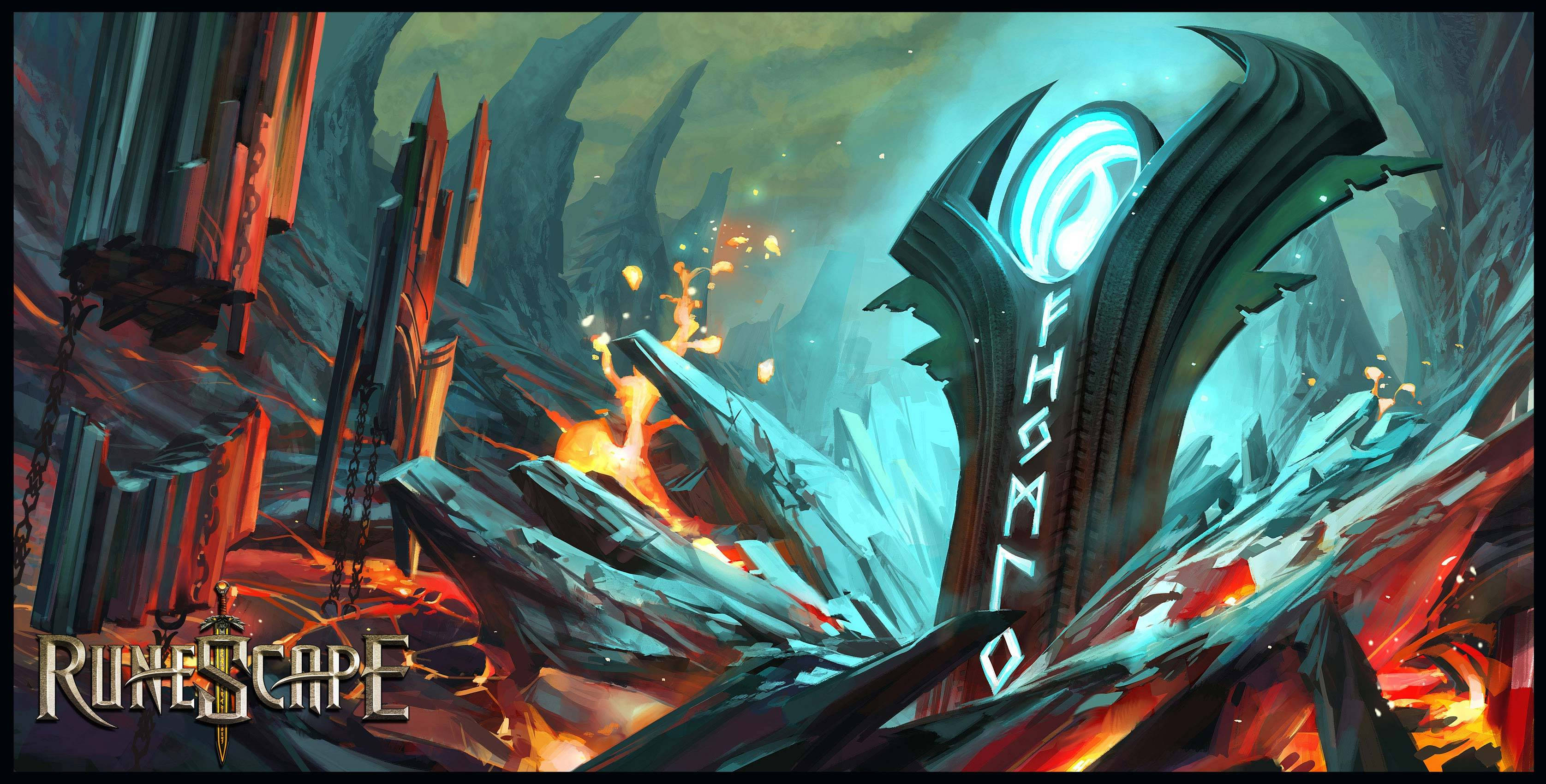 Old School Runescape, glowing runes, fiery explosions, 2K Desktop Wallpaper