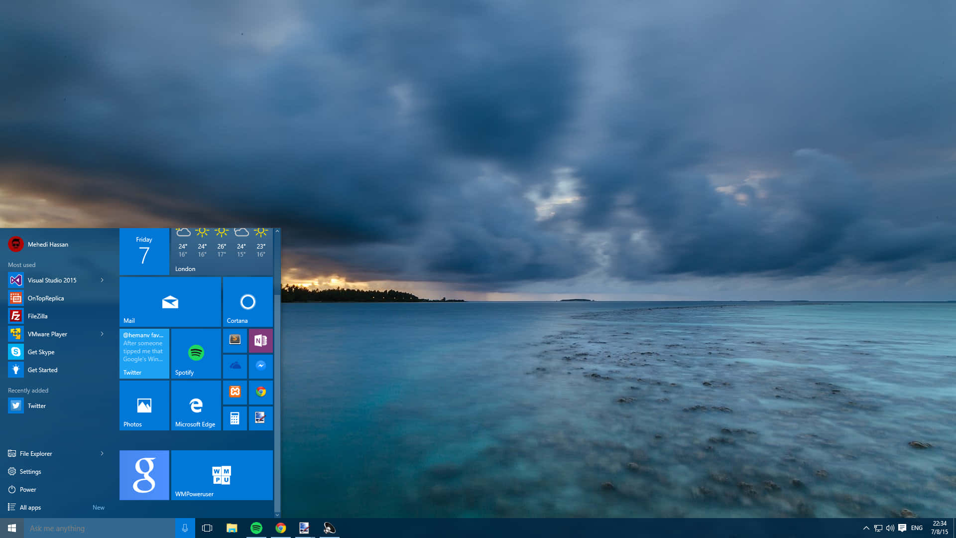 Windows 10, Start menu interface, stormy ocean horizon, Full HD Desktop Wallpaper