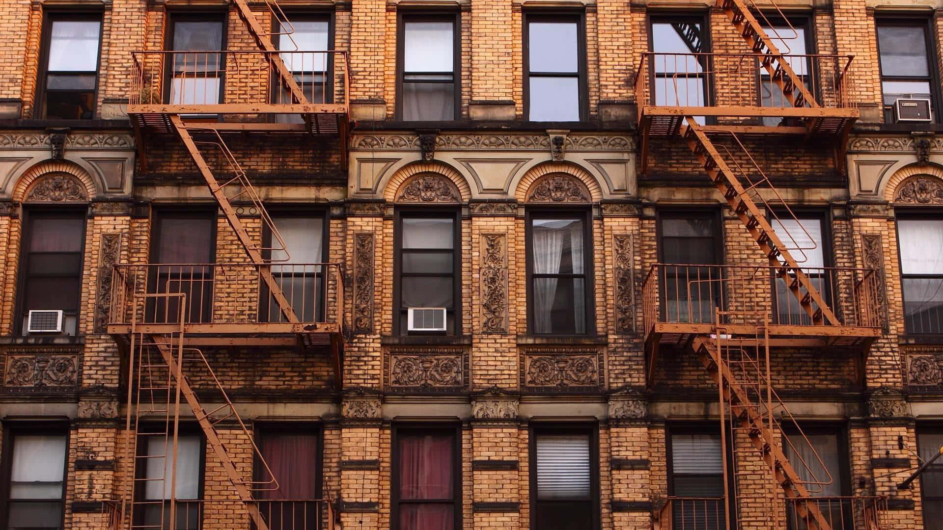 weathered brick apartment building, ornate details, rusted fire escapes, Full HD Desktop Wallpaper