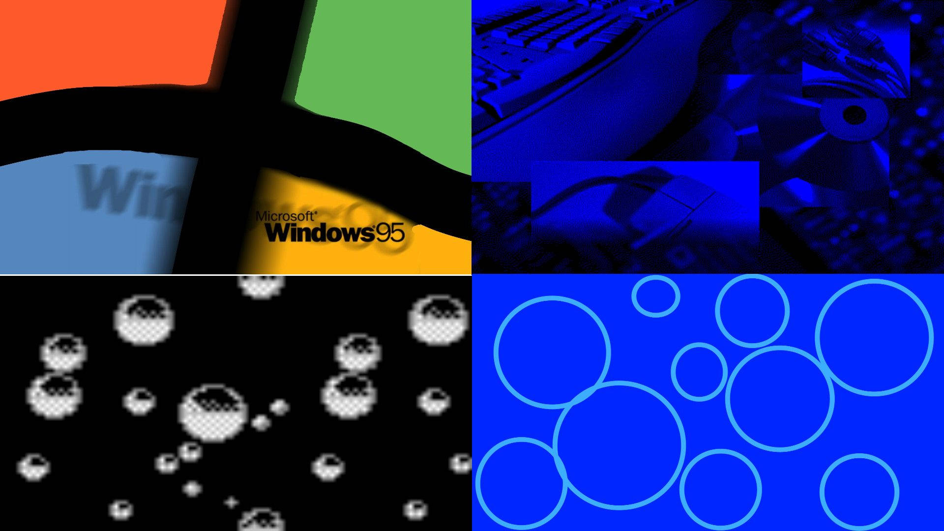 Windows 95, blue tech gear, pixelated bubbles, Full HD Desktop Wallpaper