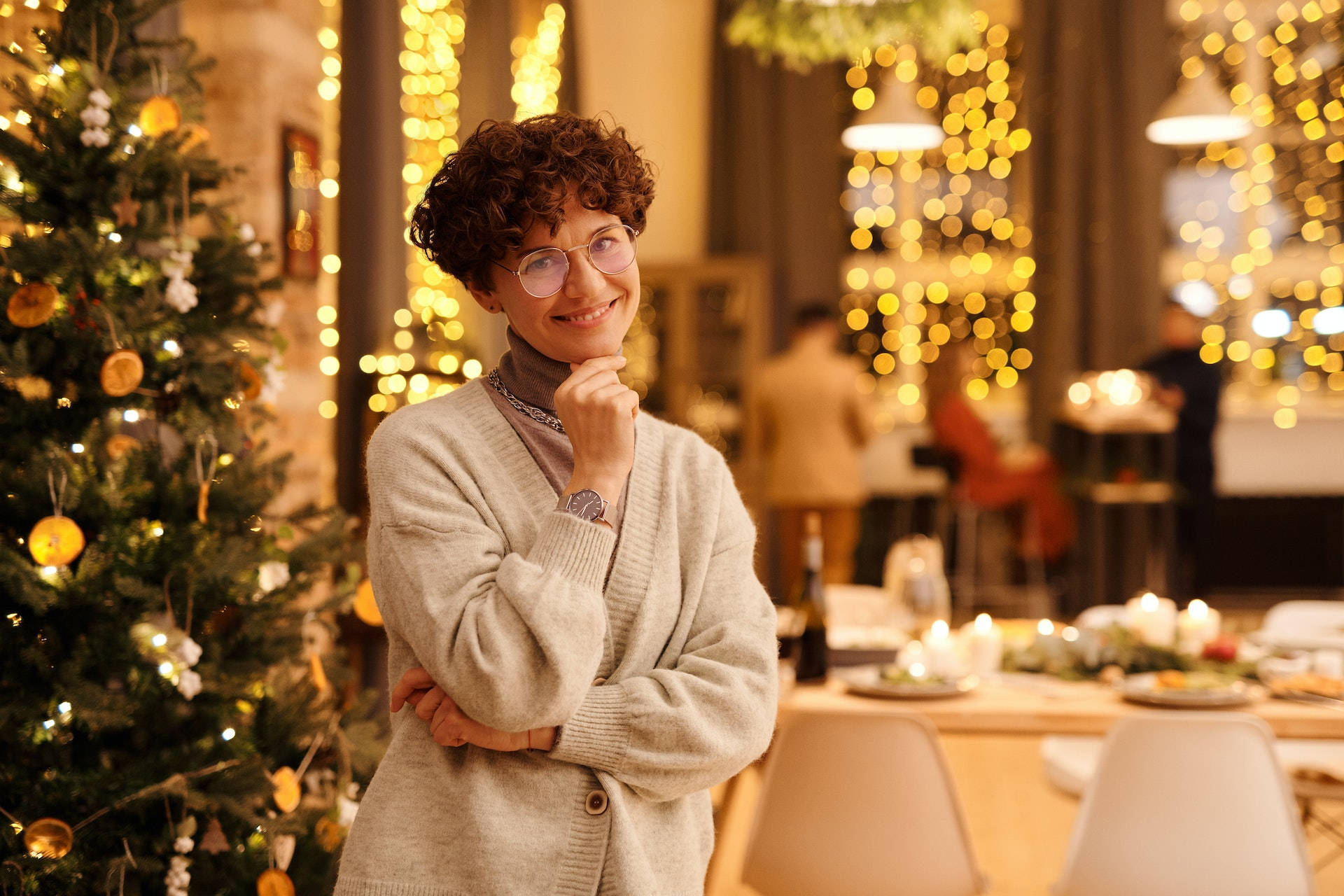 Older Woman, Christmas tree, curly hair, Full HD Desktop Wallpaper