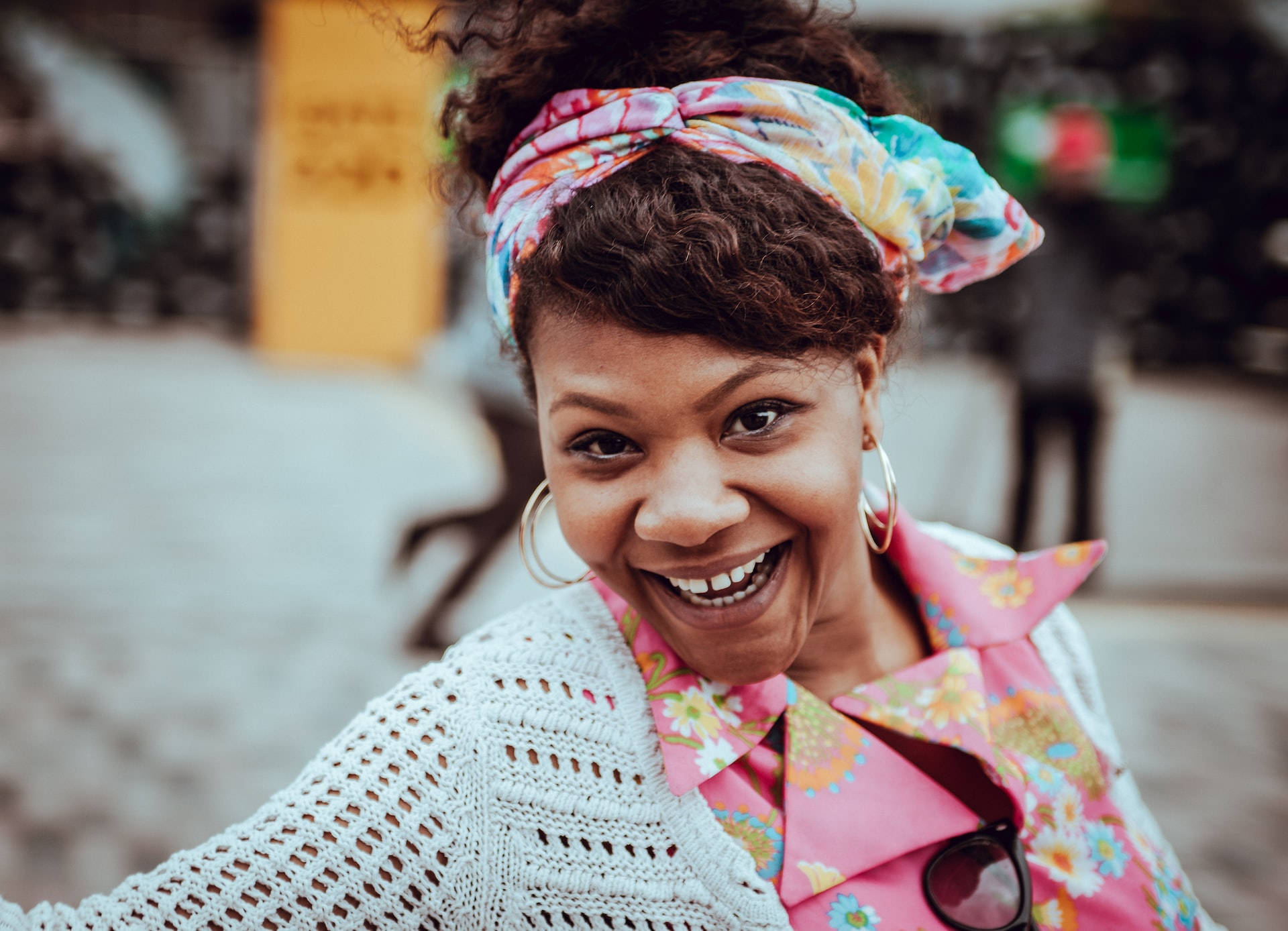 older woman, curly hair, colorful headscarf, Full HD Desktop Wallpaper