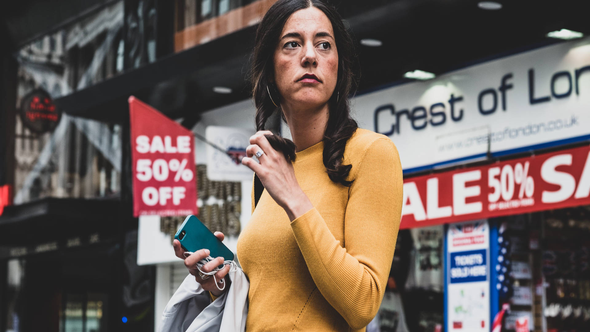 mustard yellow sweater, bustling city street, sale signs, Full HD Desktop Wallpaper