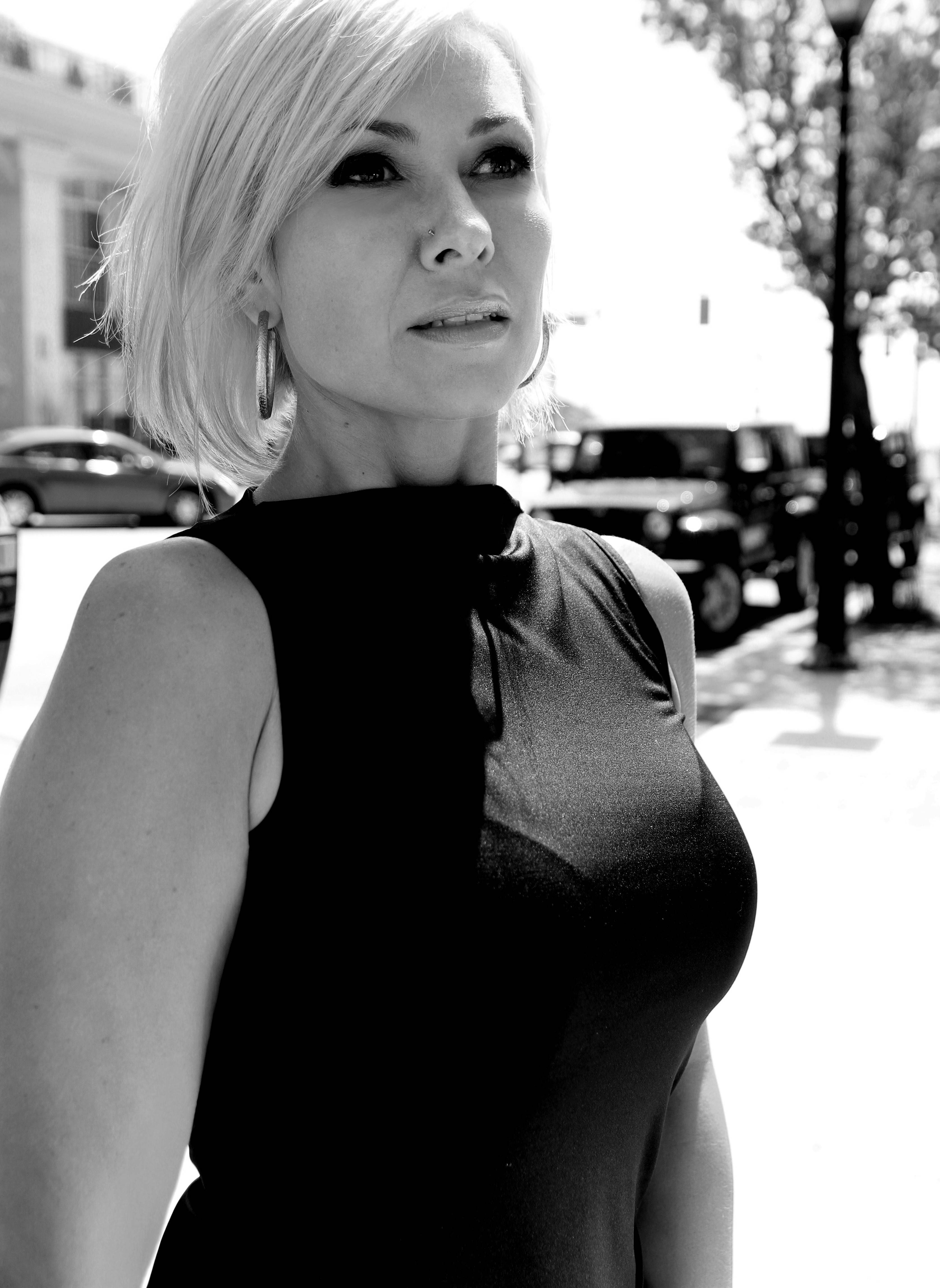 blonde woman, sleeveless dress, sunlit city street, 4K Phone Wallpaper