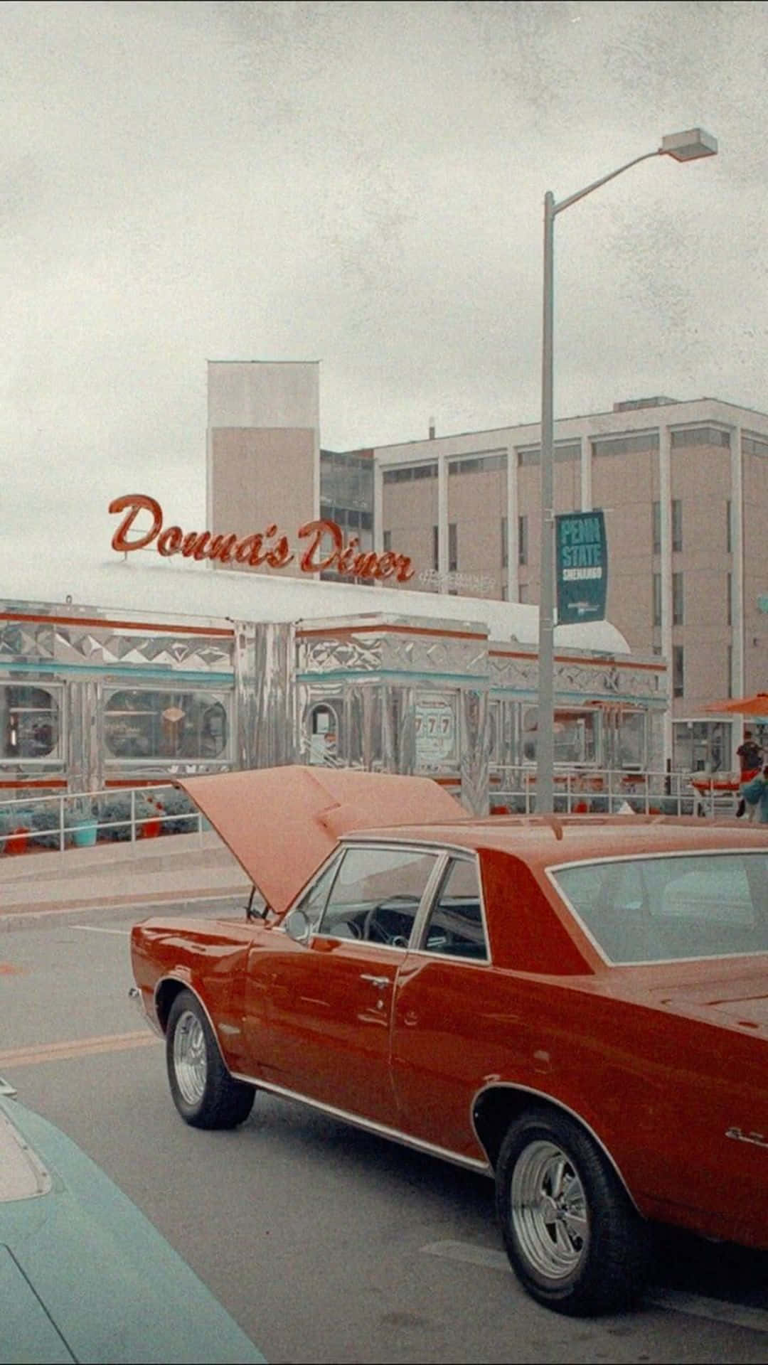 vintage red car, retro chrome diner, hood open, Full HD Phone Wallpaper