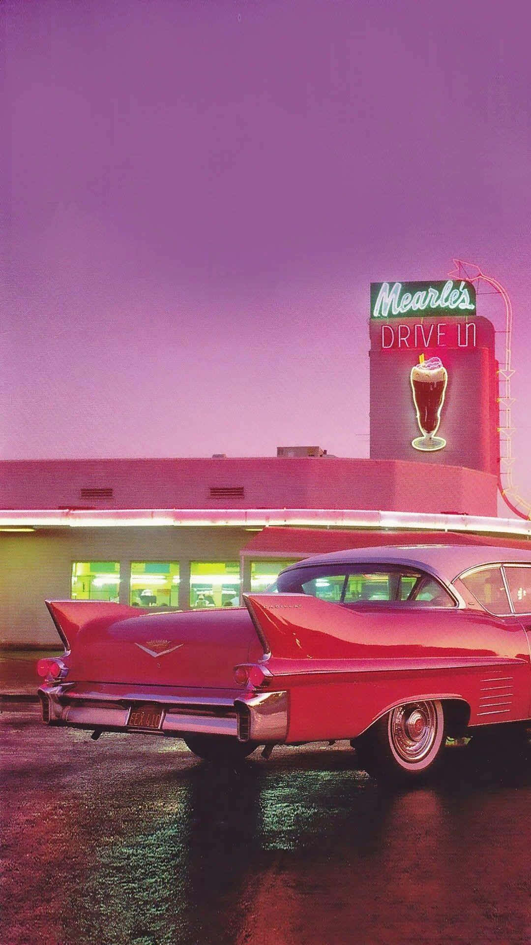 vintage red Cadillac, neon-lit drive-in diner, dreamy purple twilight sky, Full HD Phone Wallpaper
