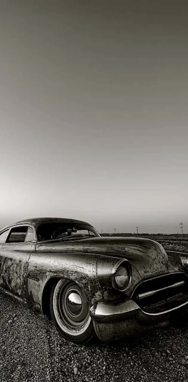 vintage car, gravel plain, monochrome sky, HD Phone Wallpaper