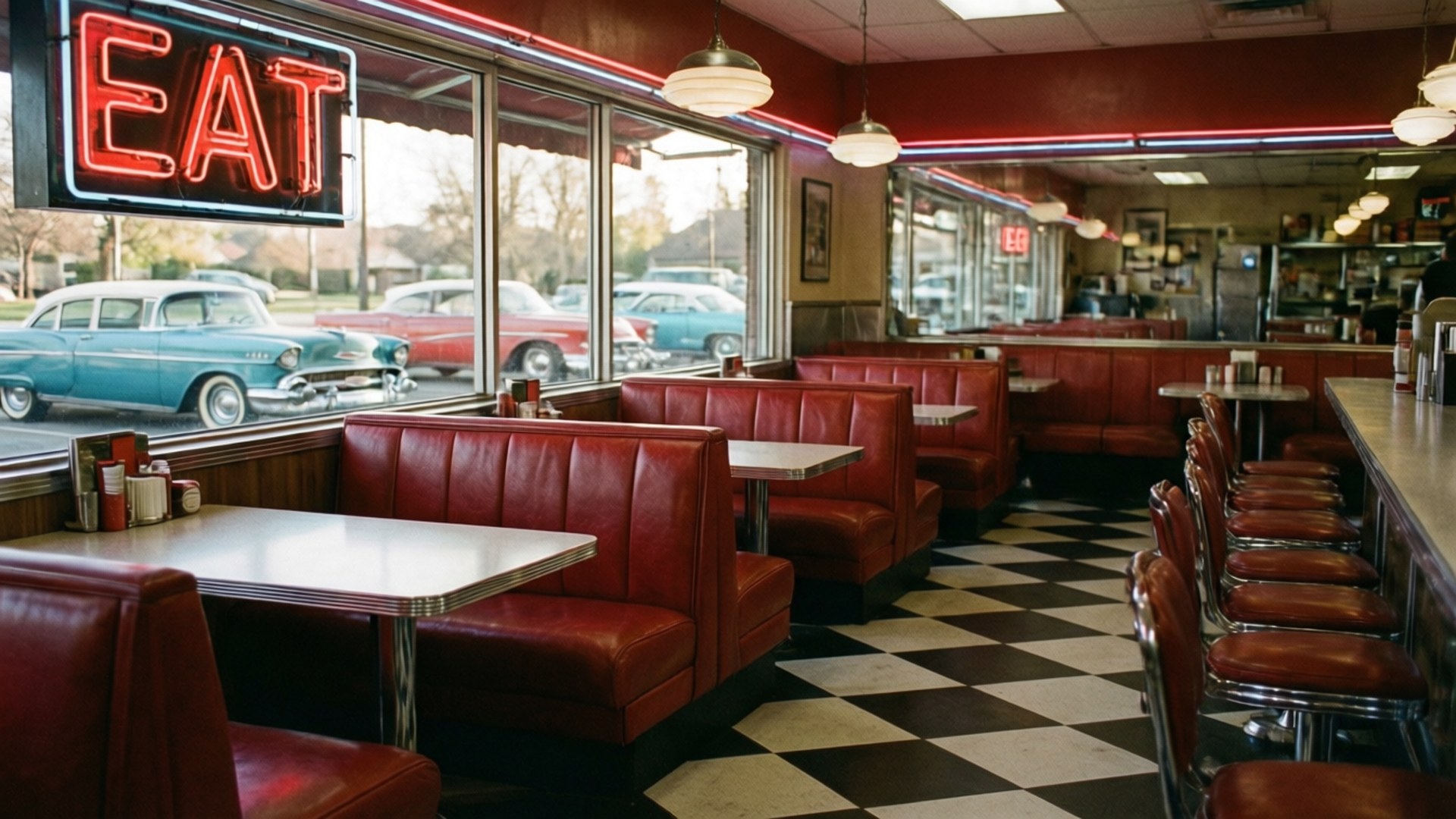 retro diner scene, red booths, chrome, Full HD Desktop Wallpaper
