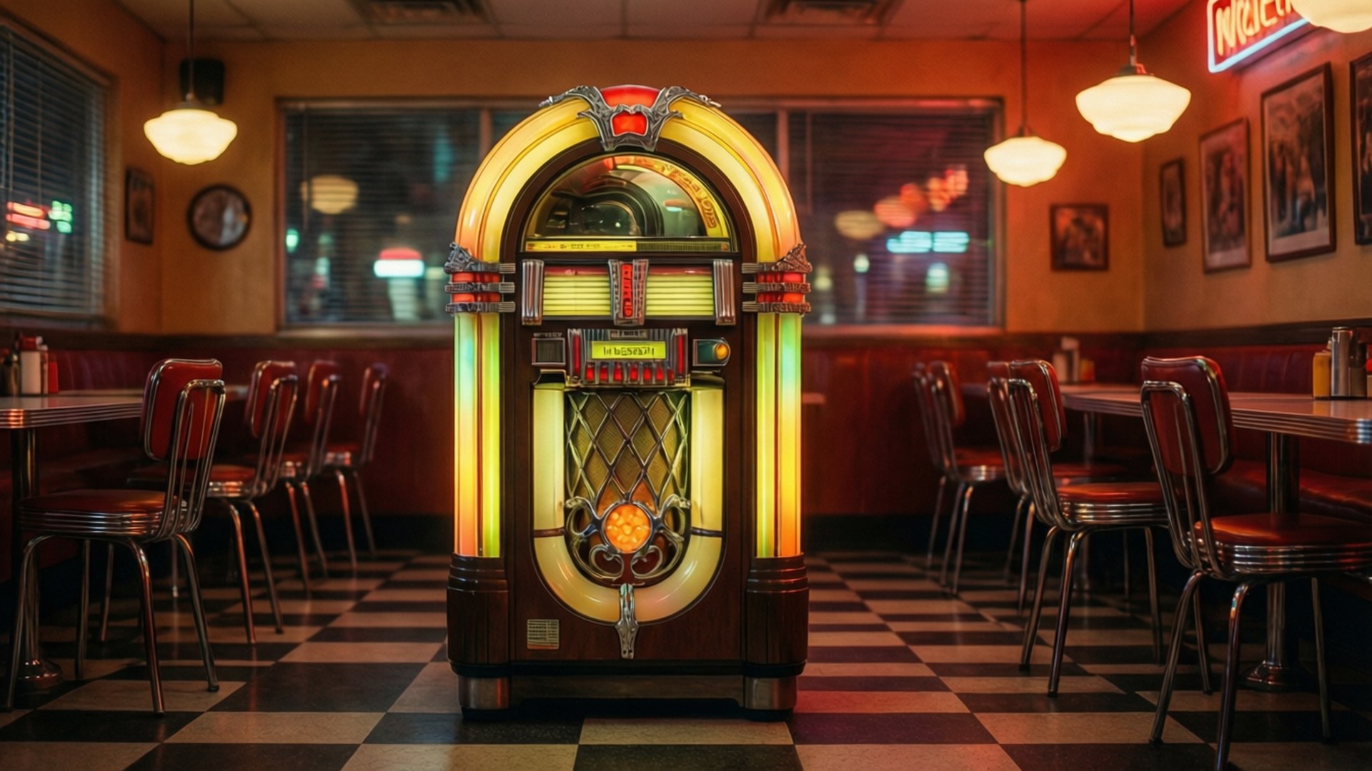 neon jukebox, diner, glowing jukebox, Full HD Desktop Wallpaper