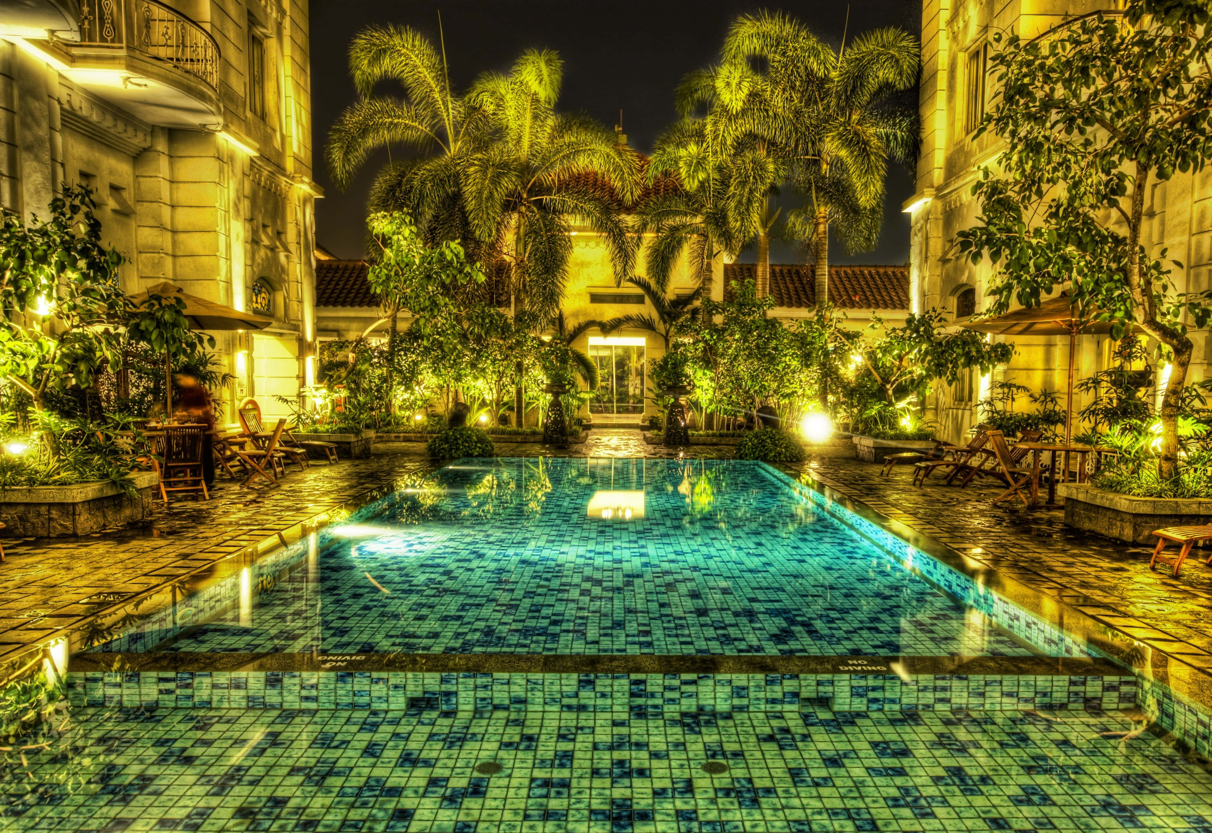 OLED 4K HDR, turquoise tiled pool, palm trees, 4K Desktop Wallpaper