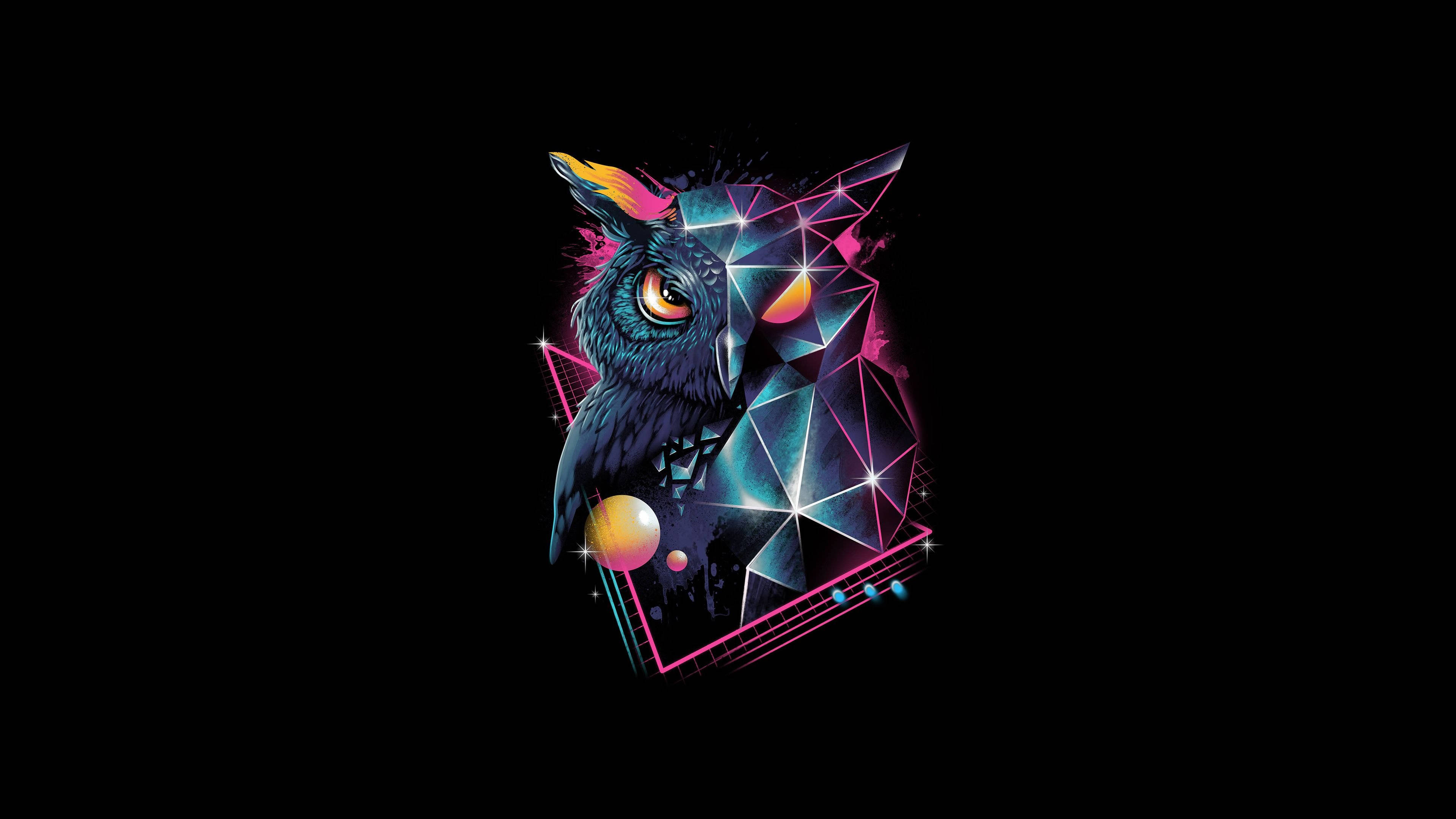 OLED 4K, half geometric owl, glowing eyes, 4K Desktop Wallpaper