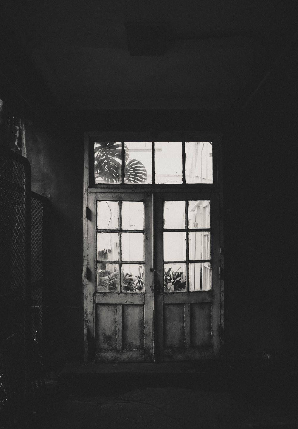 OLED 4K, black and white door, glass panes, HD Phone Wallpaper