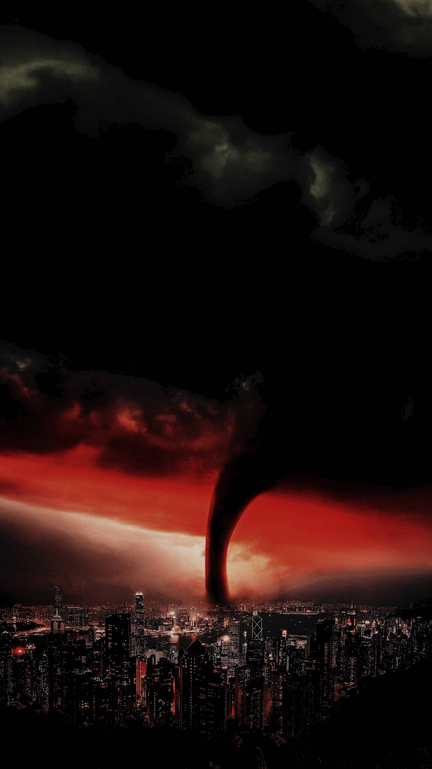 tornado, city skyline, blood red sky, 2K Phone Wallpaper