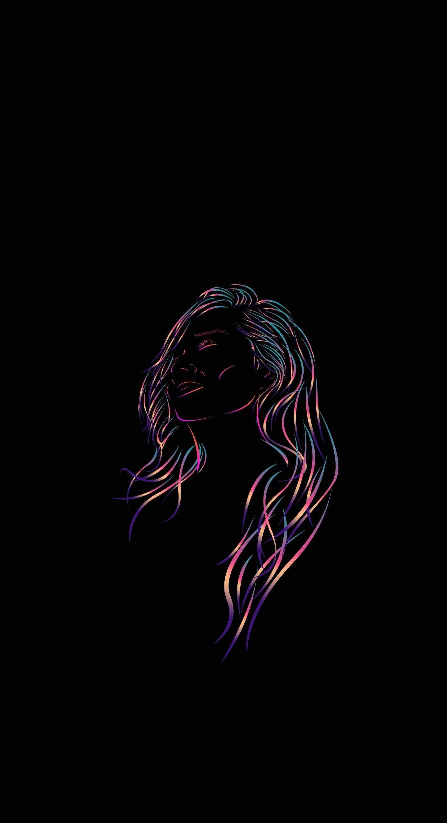 Patterned Girl OLED Phone, neon outline, woman's silhouette, 2K Phone Wallpaper