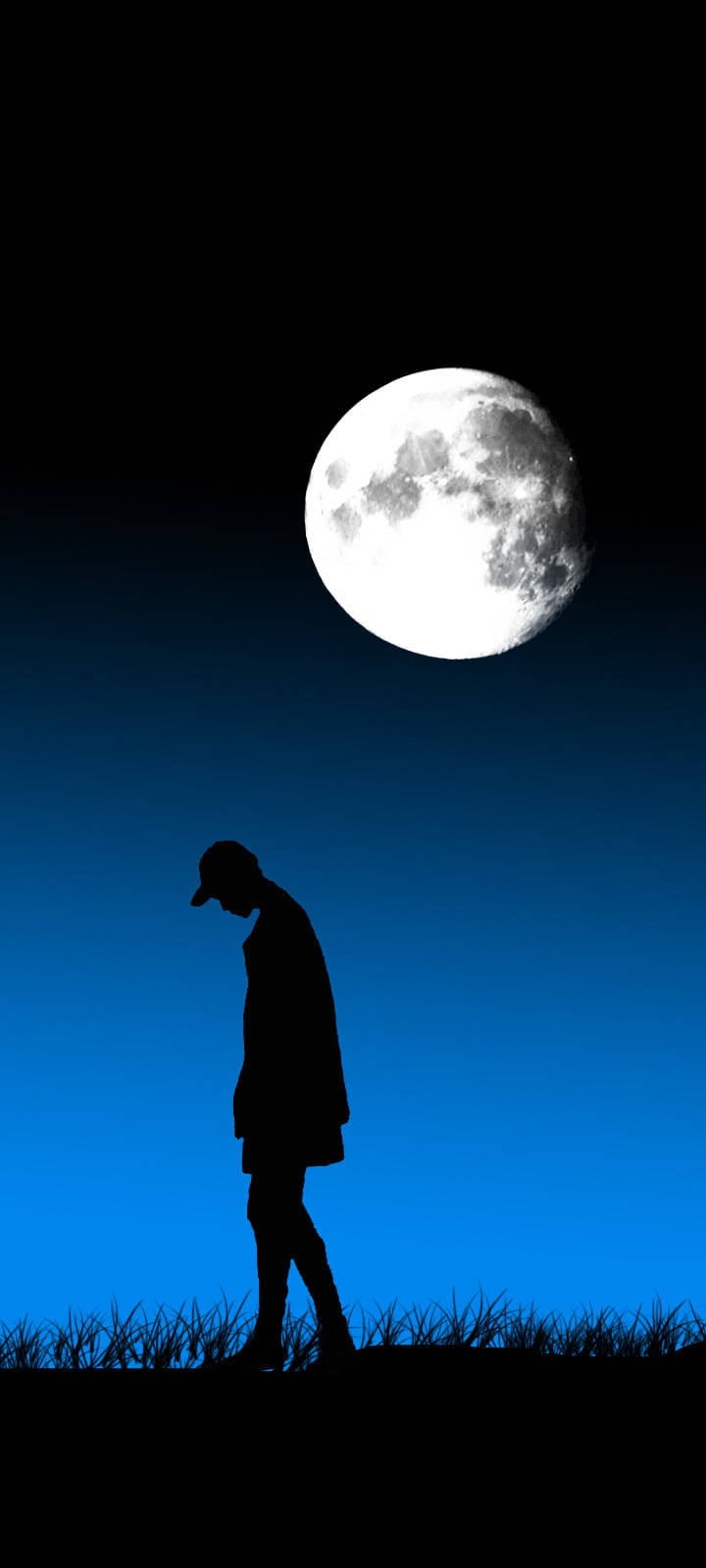 silhouette boy, OLED phone, massive detailed moon, HD Phone Wallpaper