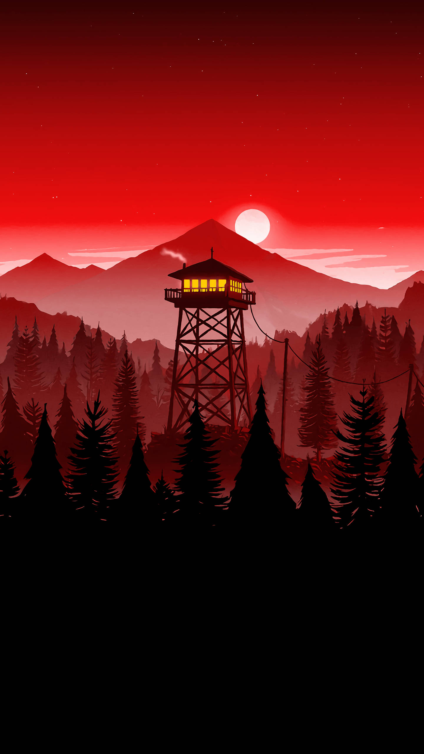 Red Oled Night, fire lookout tower, blood red twilight sky, 2K Phone Wallpaper