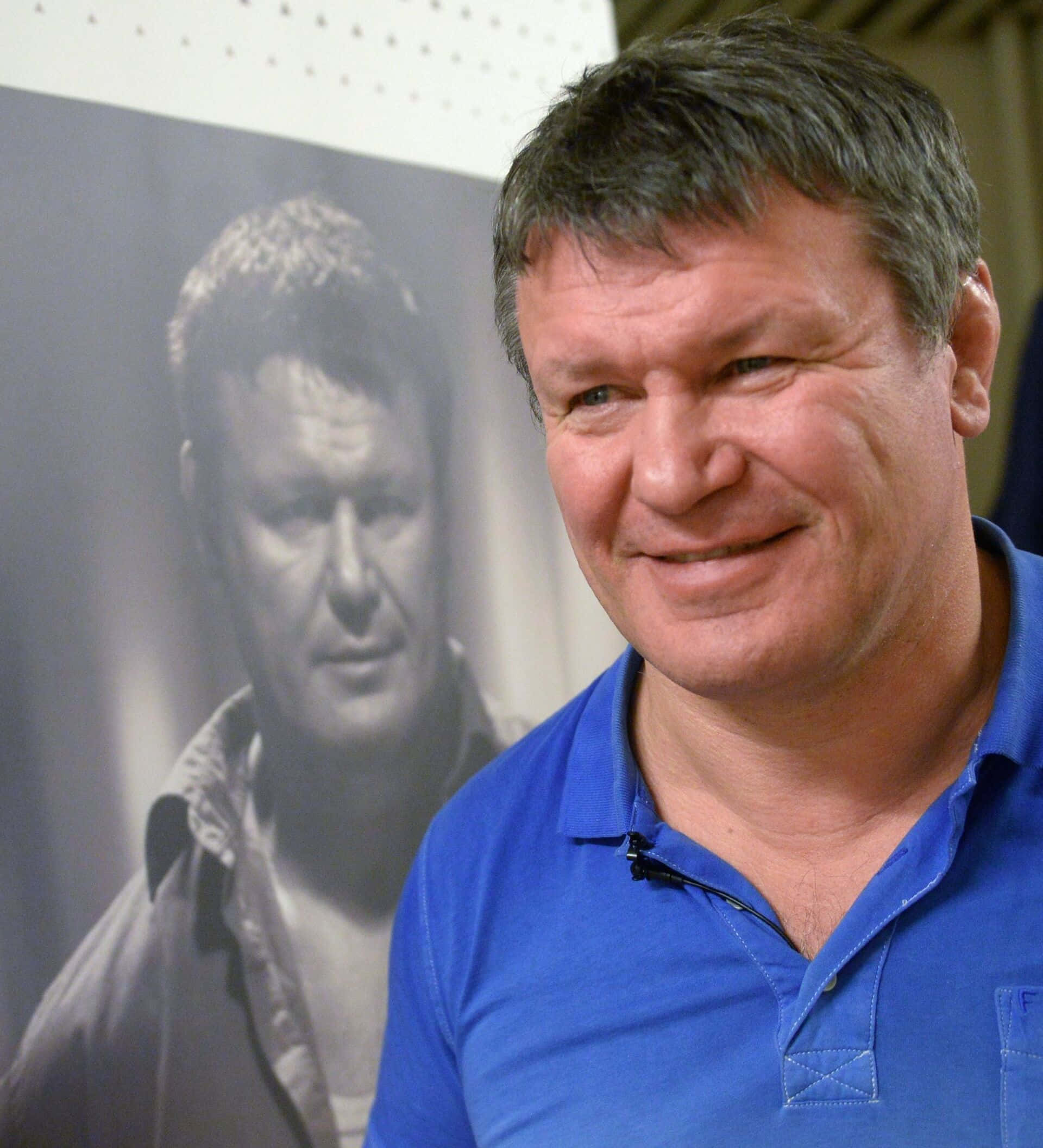 Oleg Taktarov, blue polo shirt, grayscale portrait, Full HD Phone Wallpaper