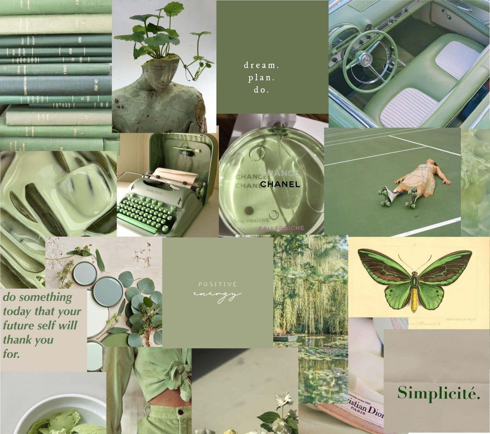 Olive Green Aesthetic Collage, vintage cars, typewriters, HD Desktop Wallpaper