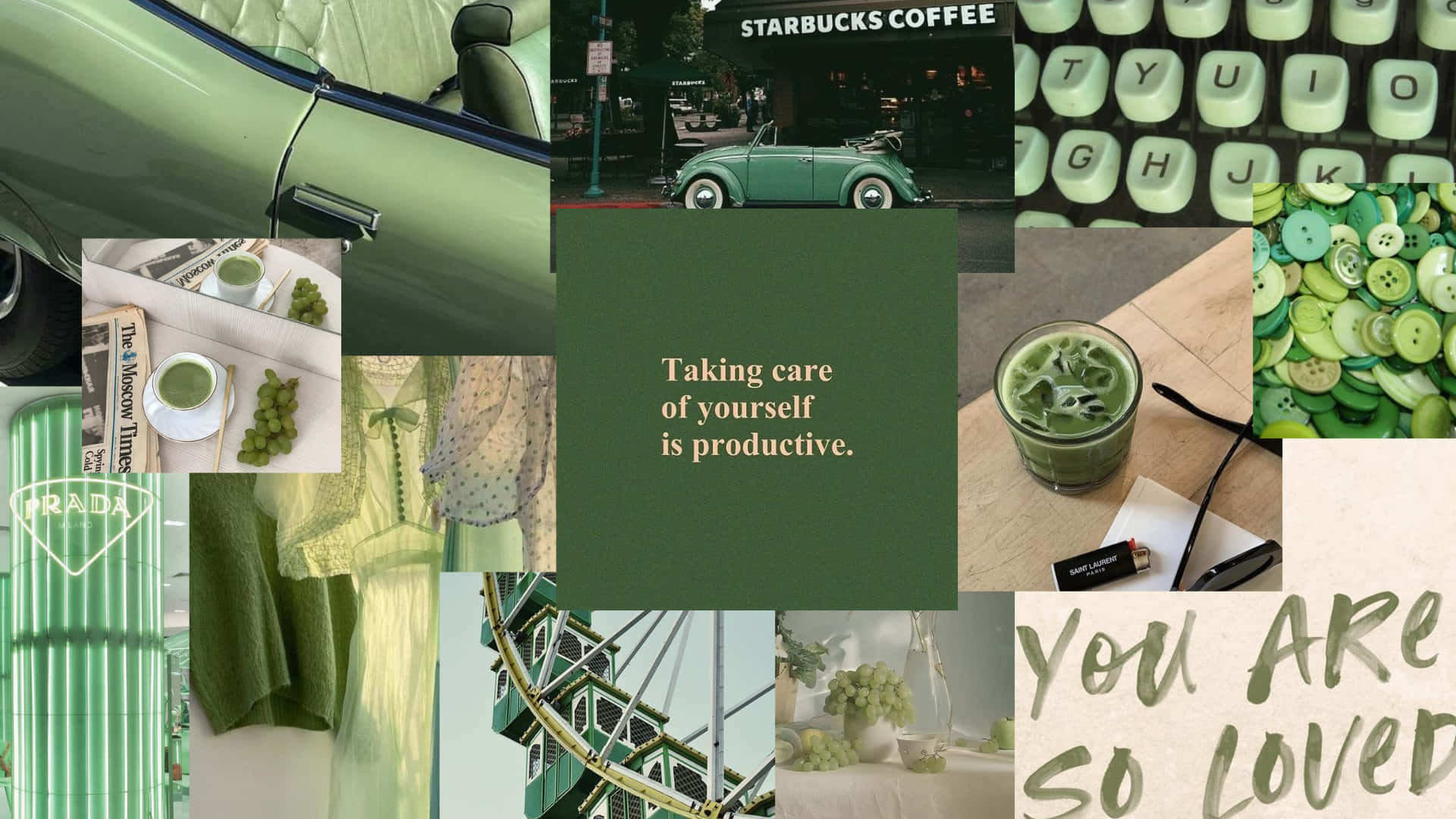 Olive Greenaesthetic Desktop Collage, vintage car coffee shop, keyboard, Full HD Desktop Wallpaper
