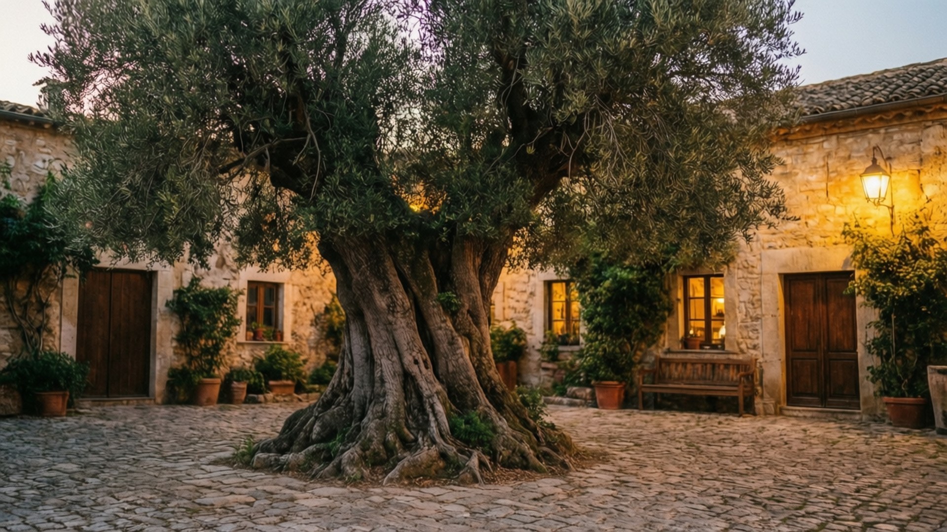 Courtyard, ancient olive tree, gnarled roots, Full HD Desktop Wallpaper