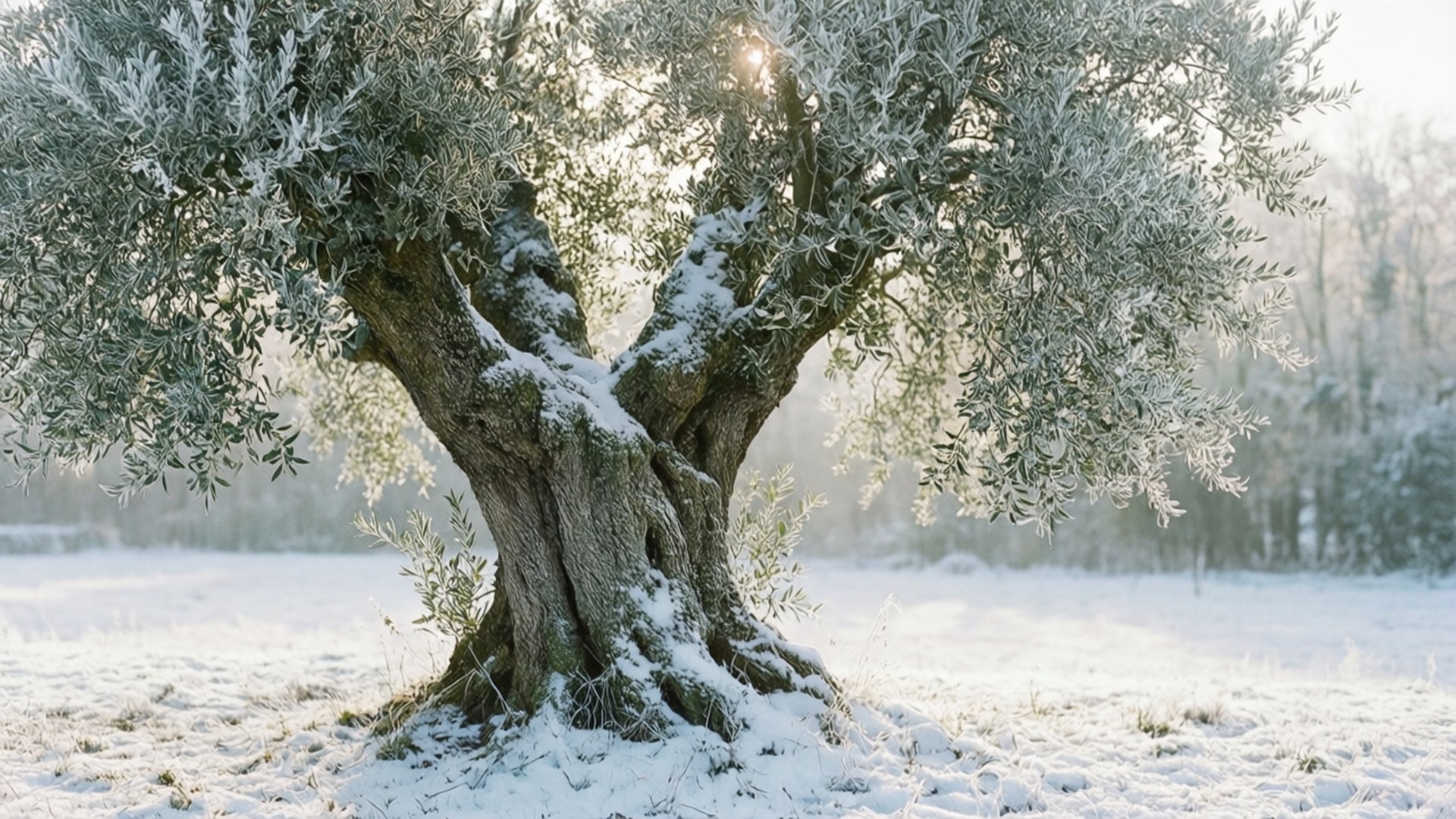 snowy olive tree, frosty field, soft sunlight, Full HD Desktop Wallpaper