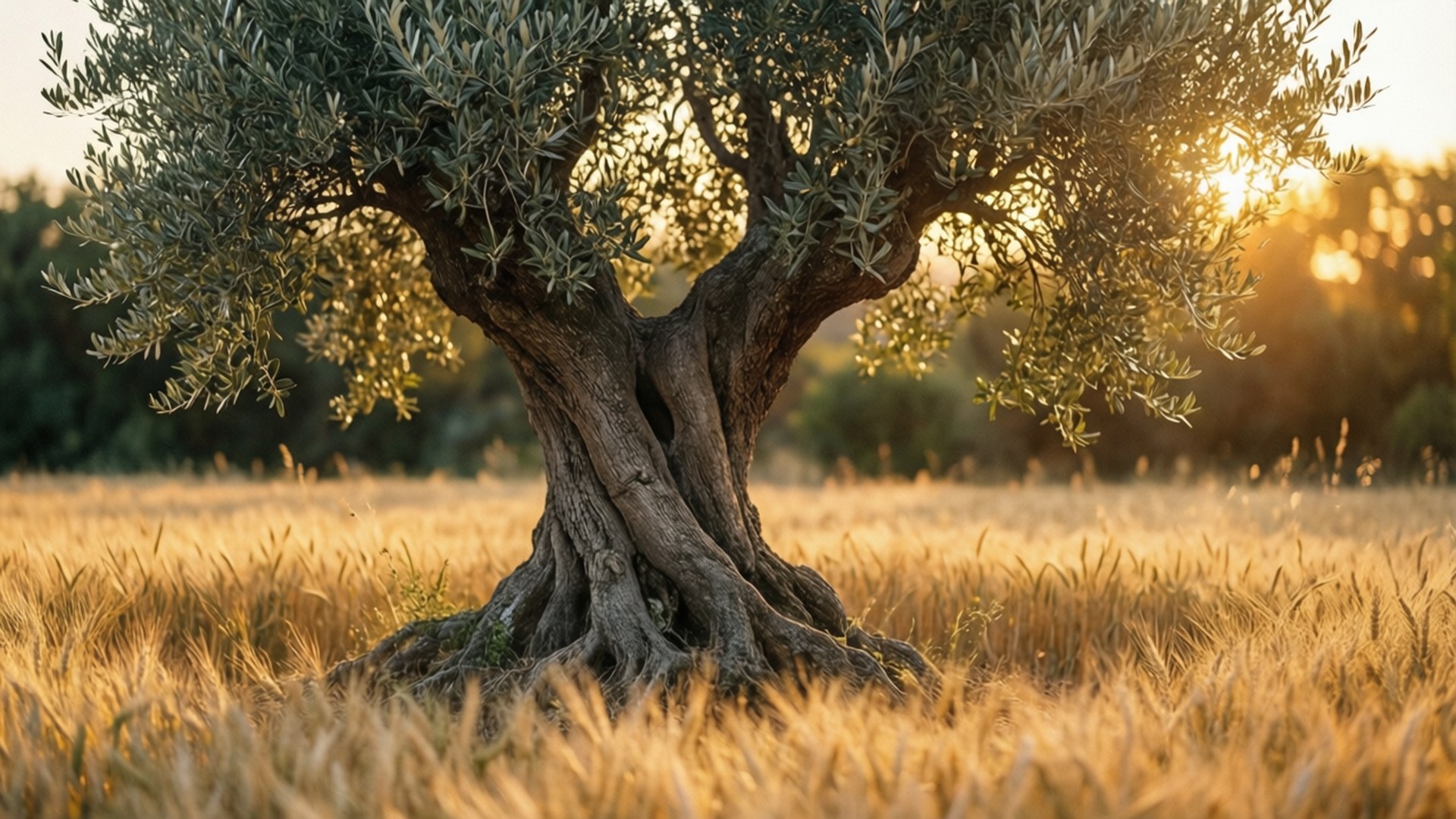 olive tree, golden wheat field, sunlight, Full HD Desktop Wallpaper