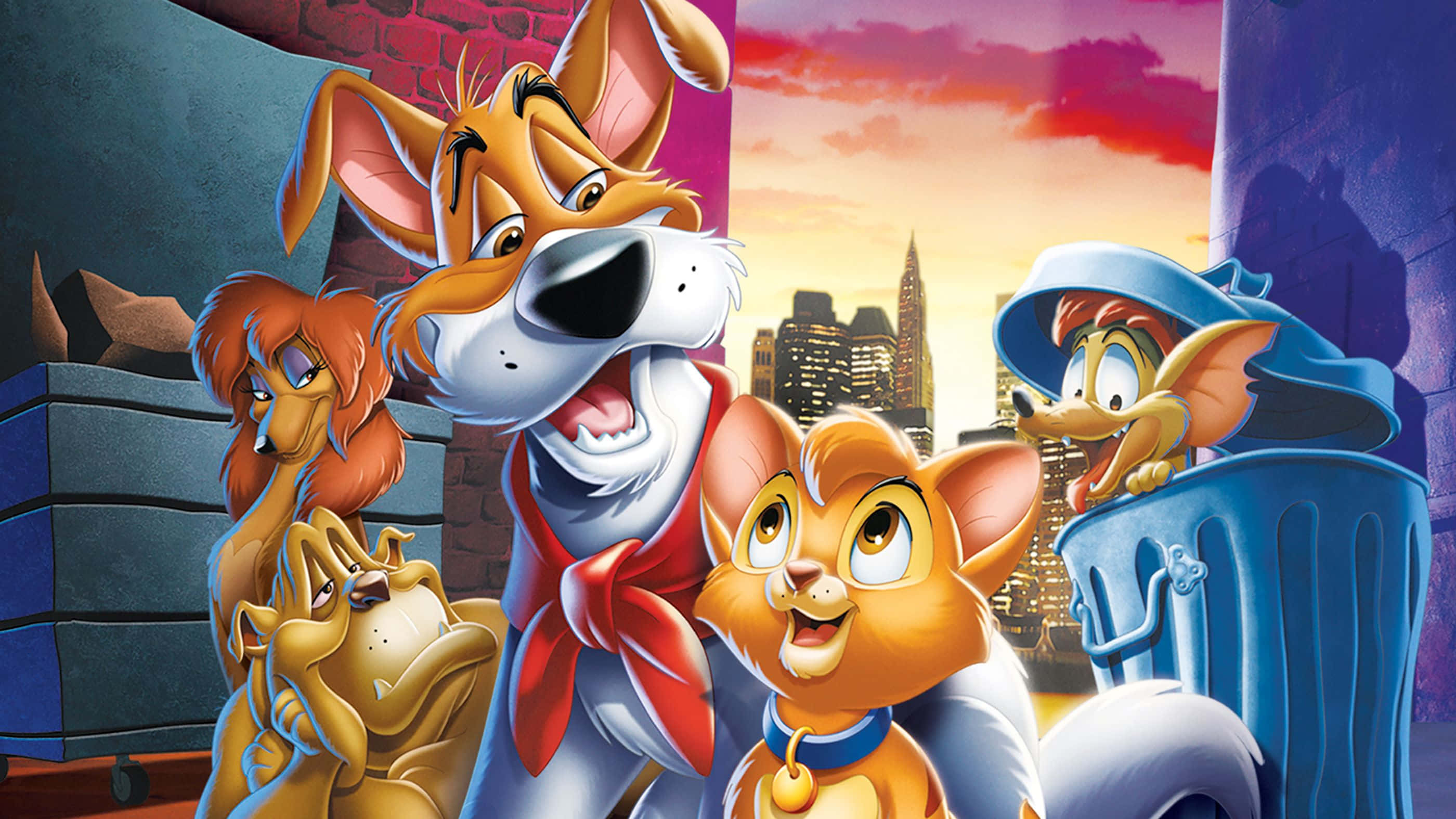 Oliver and company, sunset city skyline, brick walls, 2K Desktop Wallpaper