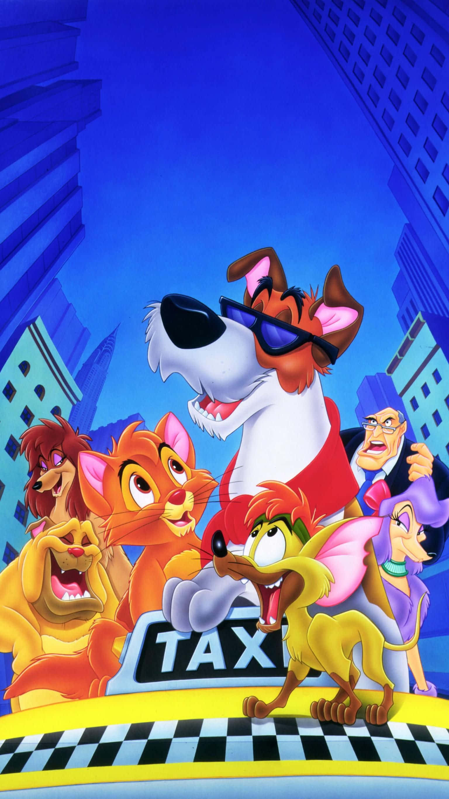 Oliver and company, anthropomorphic animals, yellow taxi cab, 2K Phone Wallpaper