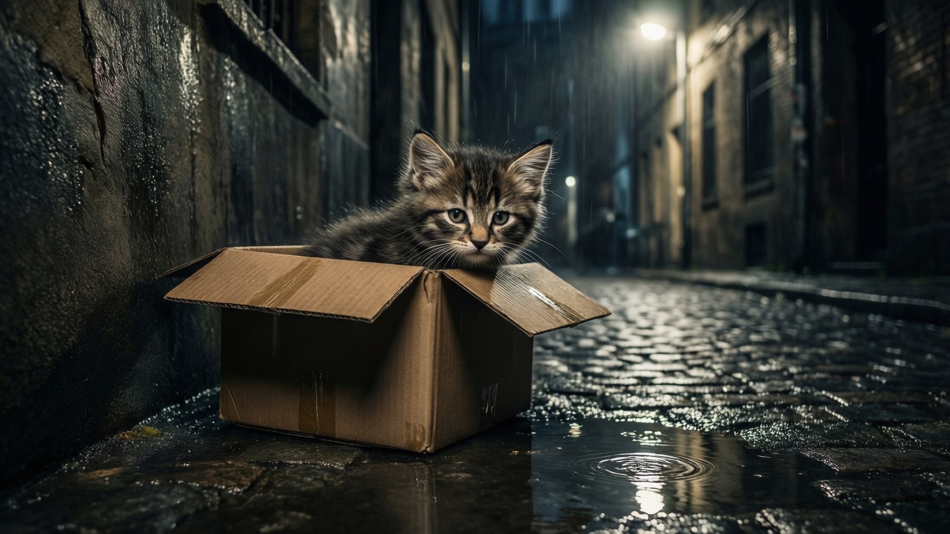 Oliver, cardboard box, rainy alley, Full HD Desktop Wallpaper