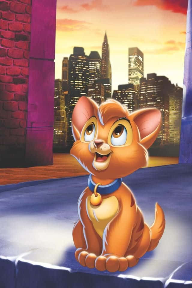Oliver and company, orange kitten, city skyline, SD Phone Wallpaper