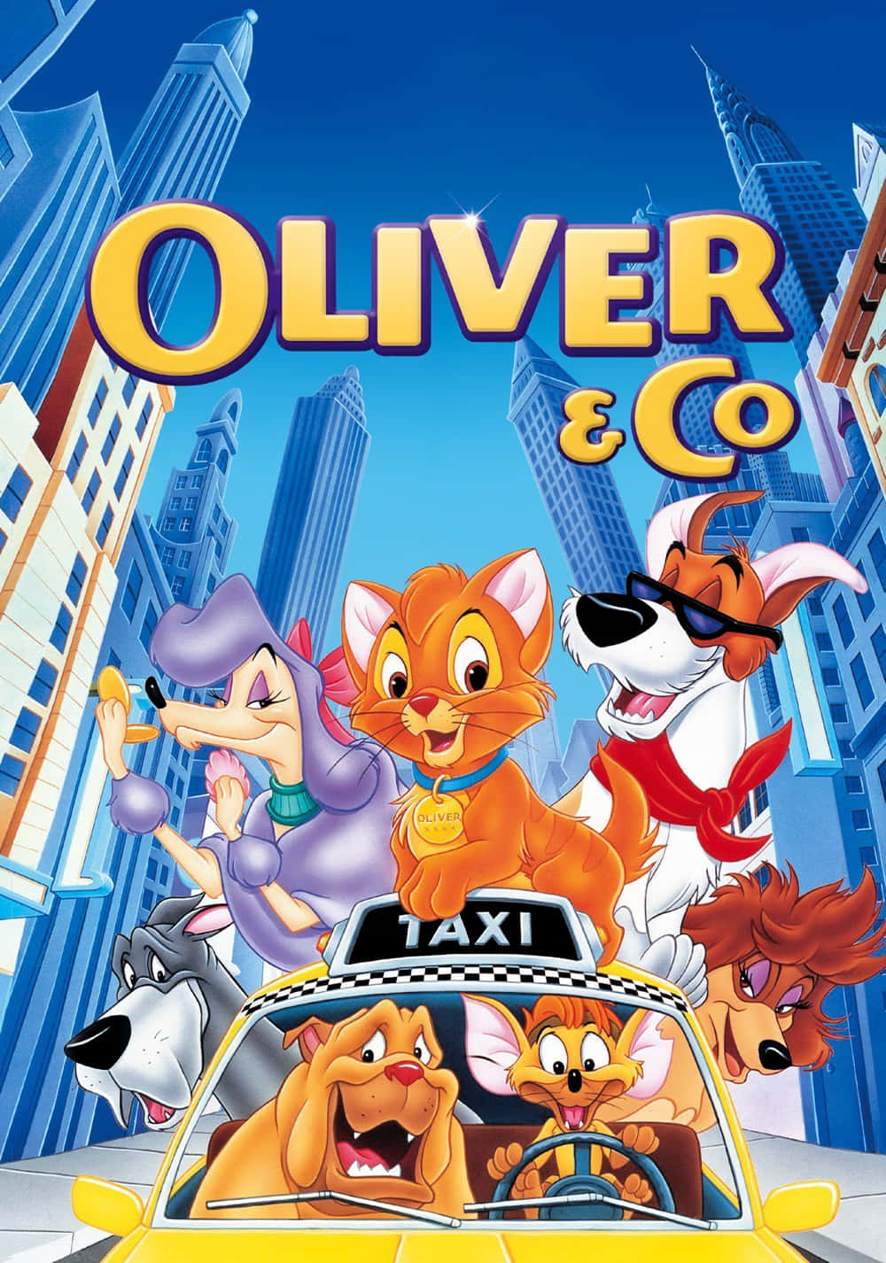 Oliver and Company, yellow taxi, towering city skyscrapers, HD Phone Wallpaper