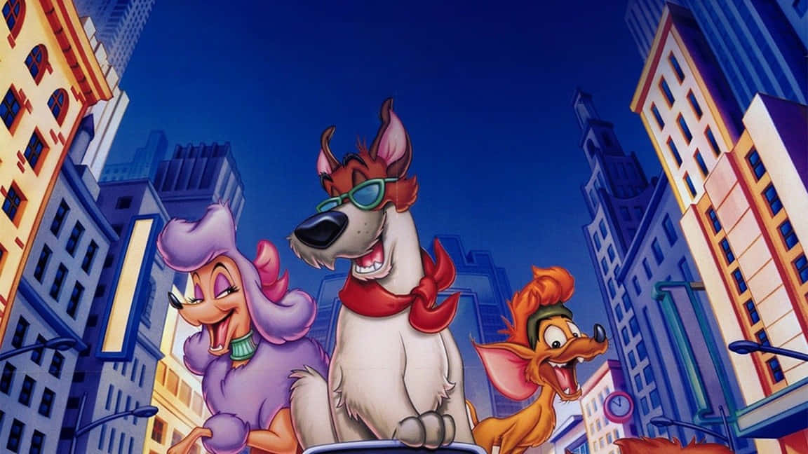 Oliver and company, animated animal characters, vibrant cartoon cityscape, SD Desktop Wallpaper